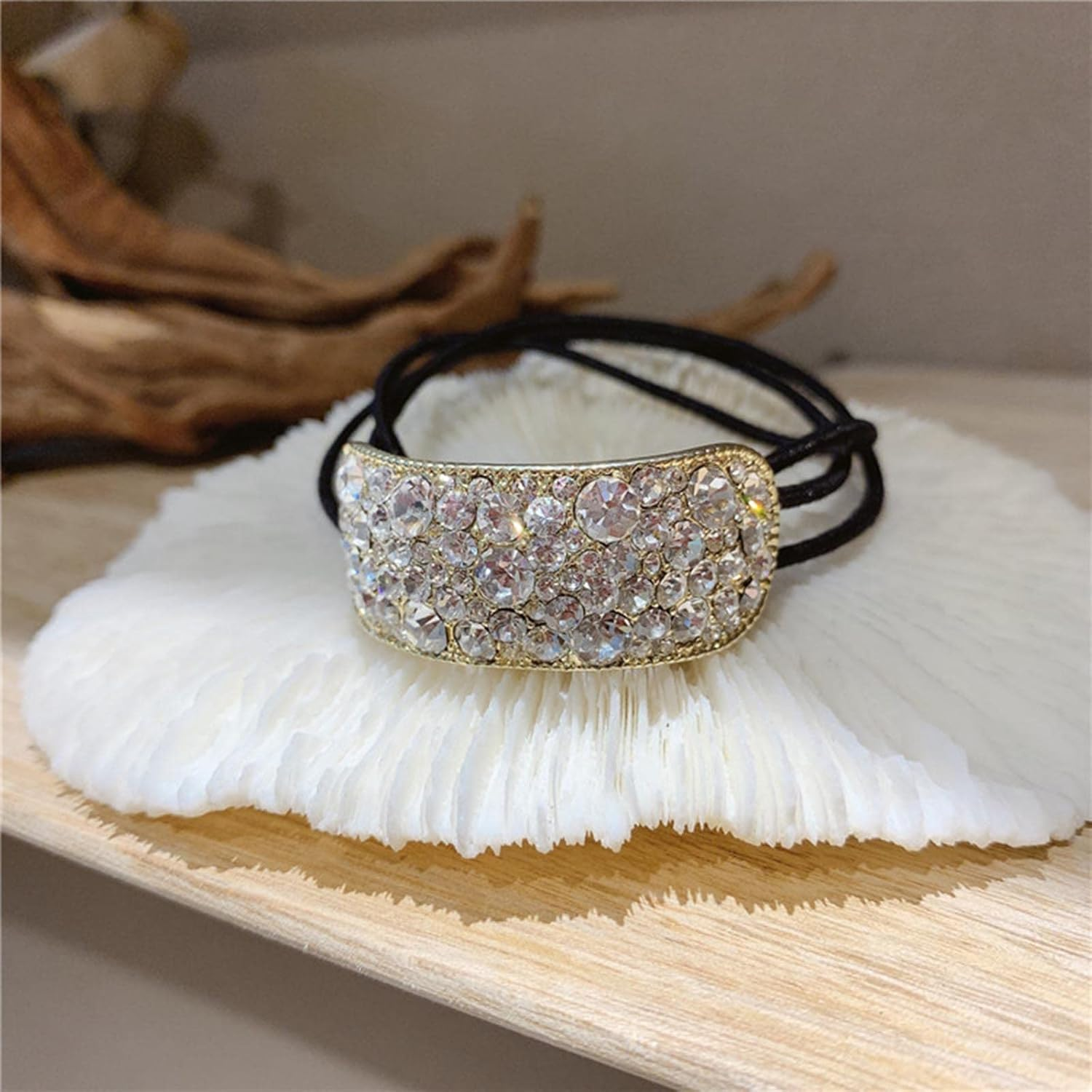 Wendalern Boho Rhinestone Ponytail Holder Cuffs Geometric Elastic Scrunchies Gold Crystal Ponytail Hair Tie Band Luxury Ponytail Hairband Ring Hair Accessories for Women and Girls image number 3