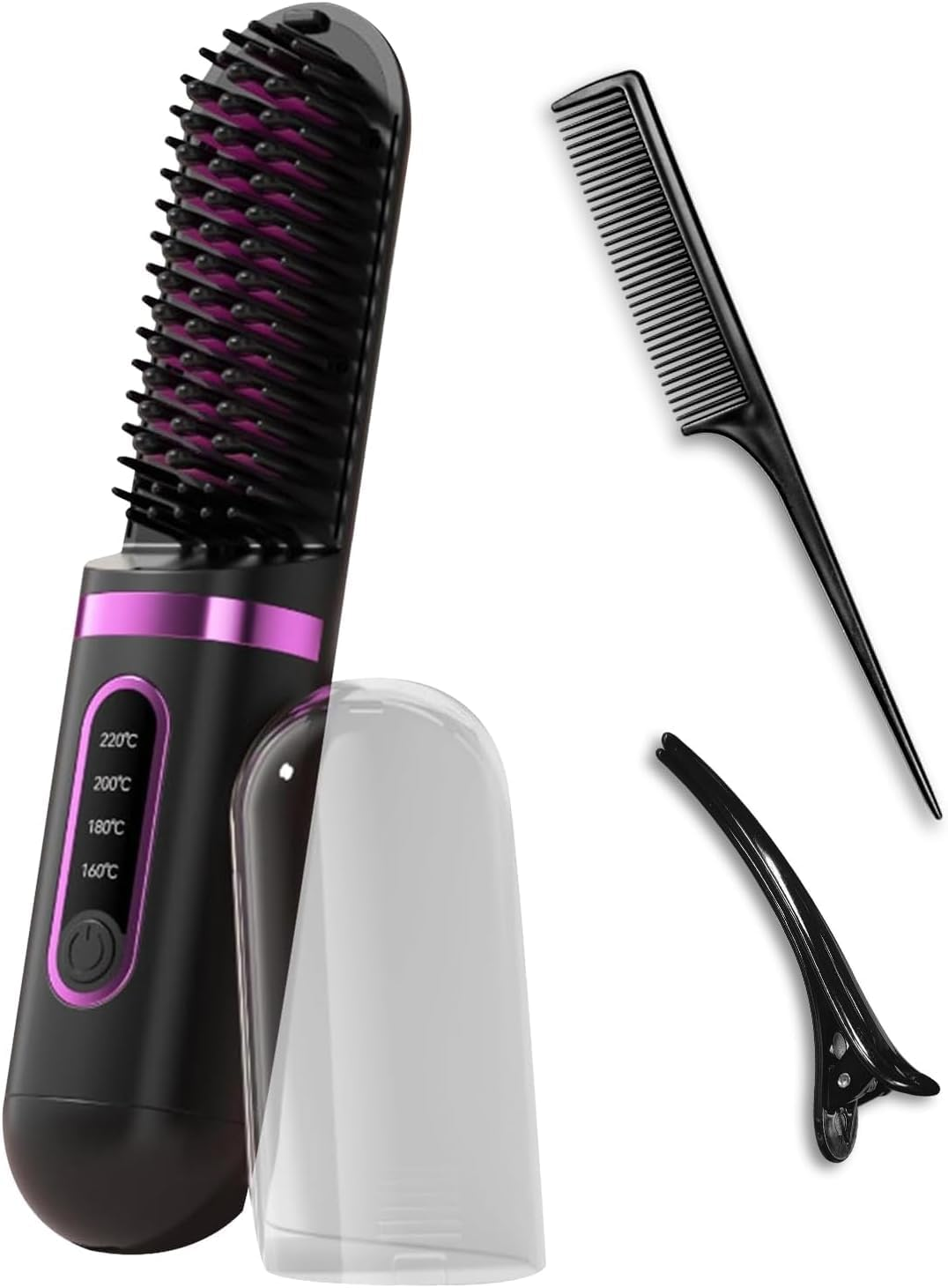 Cordless Hair Straightener Brush & Travel Hair Brush, 4-Temp LCD Display, Anti-Scald, Long-Lasting Mini Beard Straightener, Hot Comb Styling Tools with Dust-Proof Cover, Comb & Clip image number 1