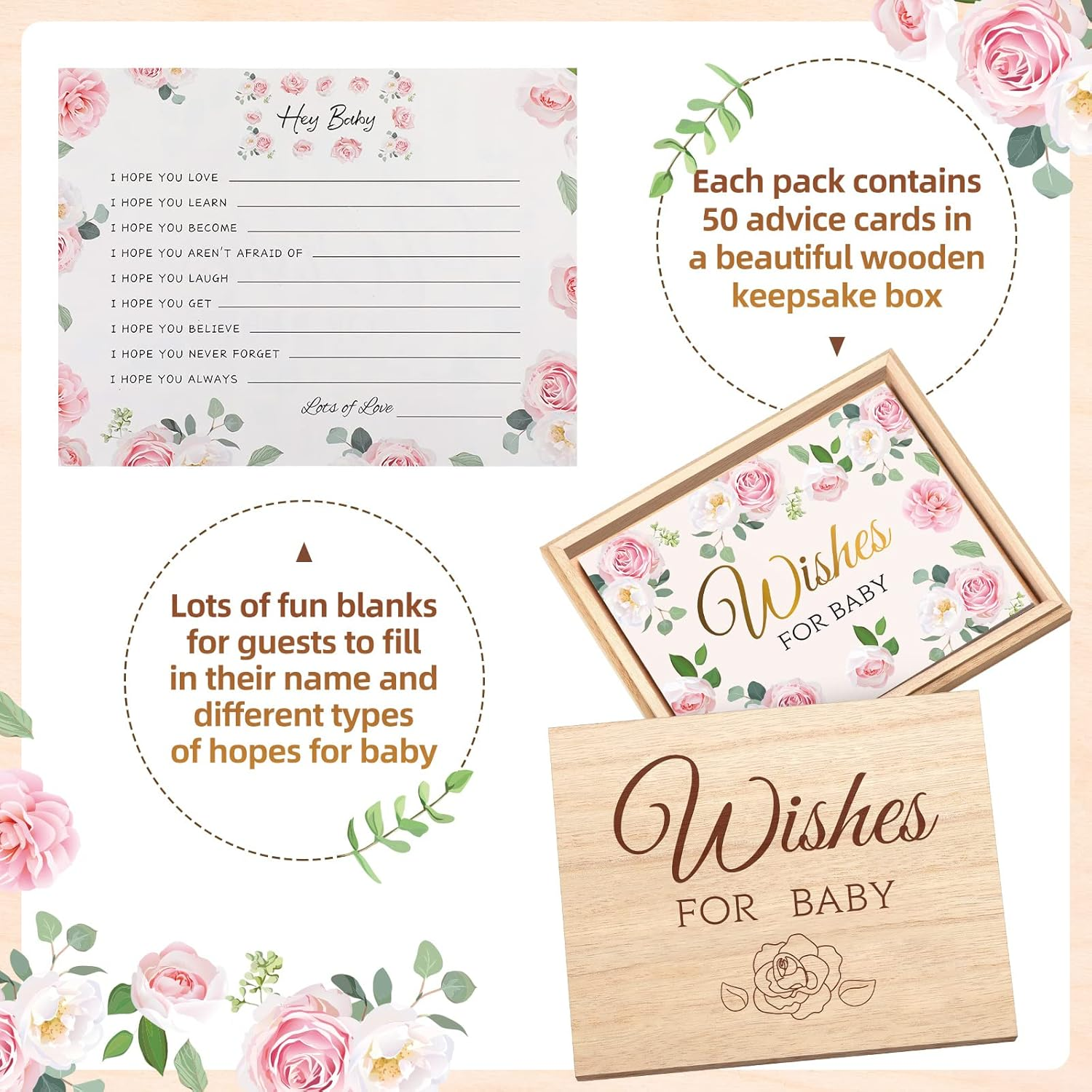 Junkin 50 Pack Baby Shower Advice Cards and Wood Baby Keepsake Box, Baby Advice Cards Wishes for Baby Cards for Baby Shower Games Invitations Gifts, 5 X 4 Inch (Flower) image number 3