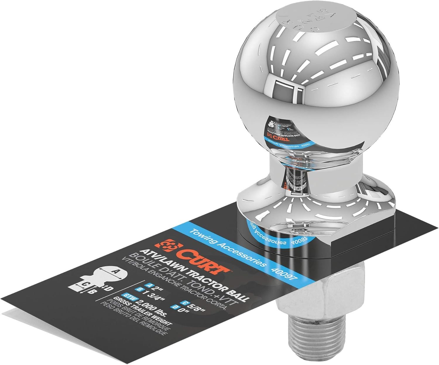 CURT 40097 Chrome ATV, UTV, Lawn Tractor Hitch Ball, 2,000 Lbs, 2-Inch Diameter, 5/8 X 1-3/4-Inch Shank