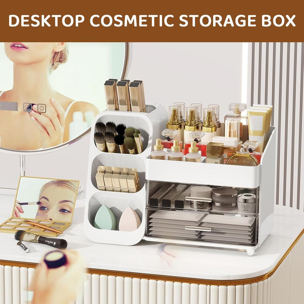 Makeup Organizer with Drawers &ndash; Large Cosmetic Storage Box with Brush Holder, Skincare Organizer for Vanity, Bathroom, or Dresser