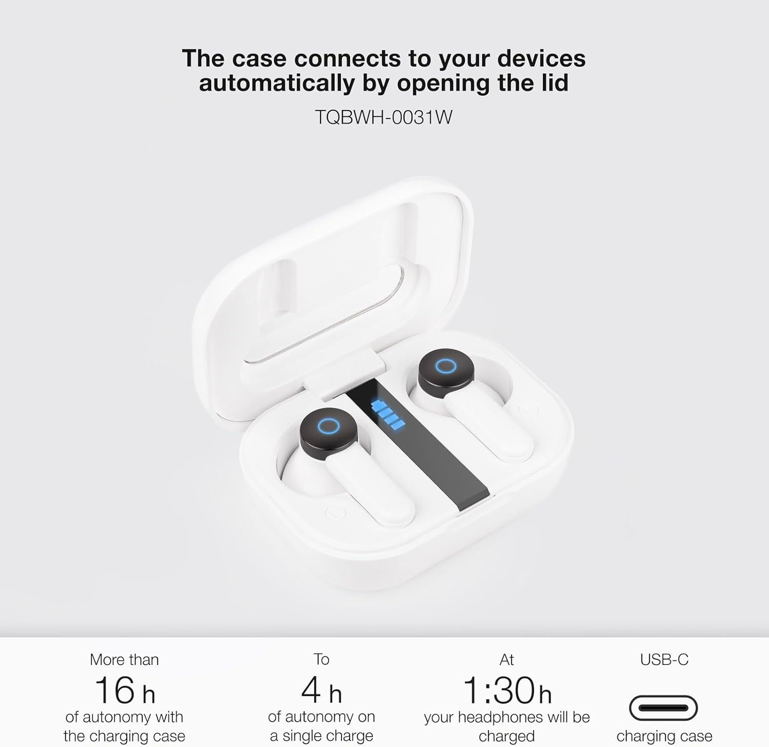 TOOQ TQBWH-0031W - Bender Wireless Bluetooth Headphones with Microphone with Charging Case, Wireless Headphones for Iphone/Ios/Android, White image number 5
