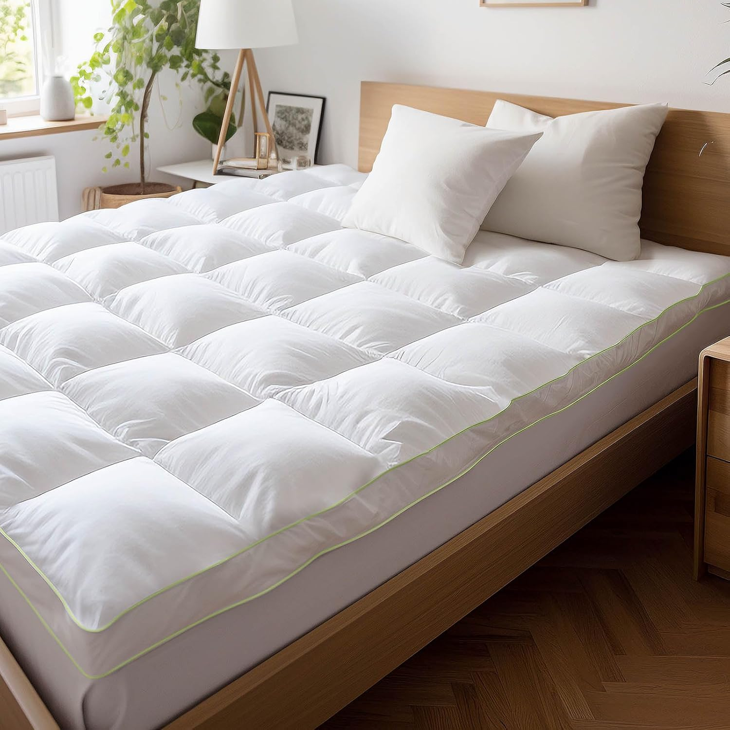 Bamboo Mattress Topper Hotel Style Pillowtop Fitted Mattress Cover 10Cm Thick - Machine Washable Hypoallergenic(White (1750GSM), Double) image number 5