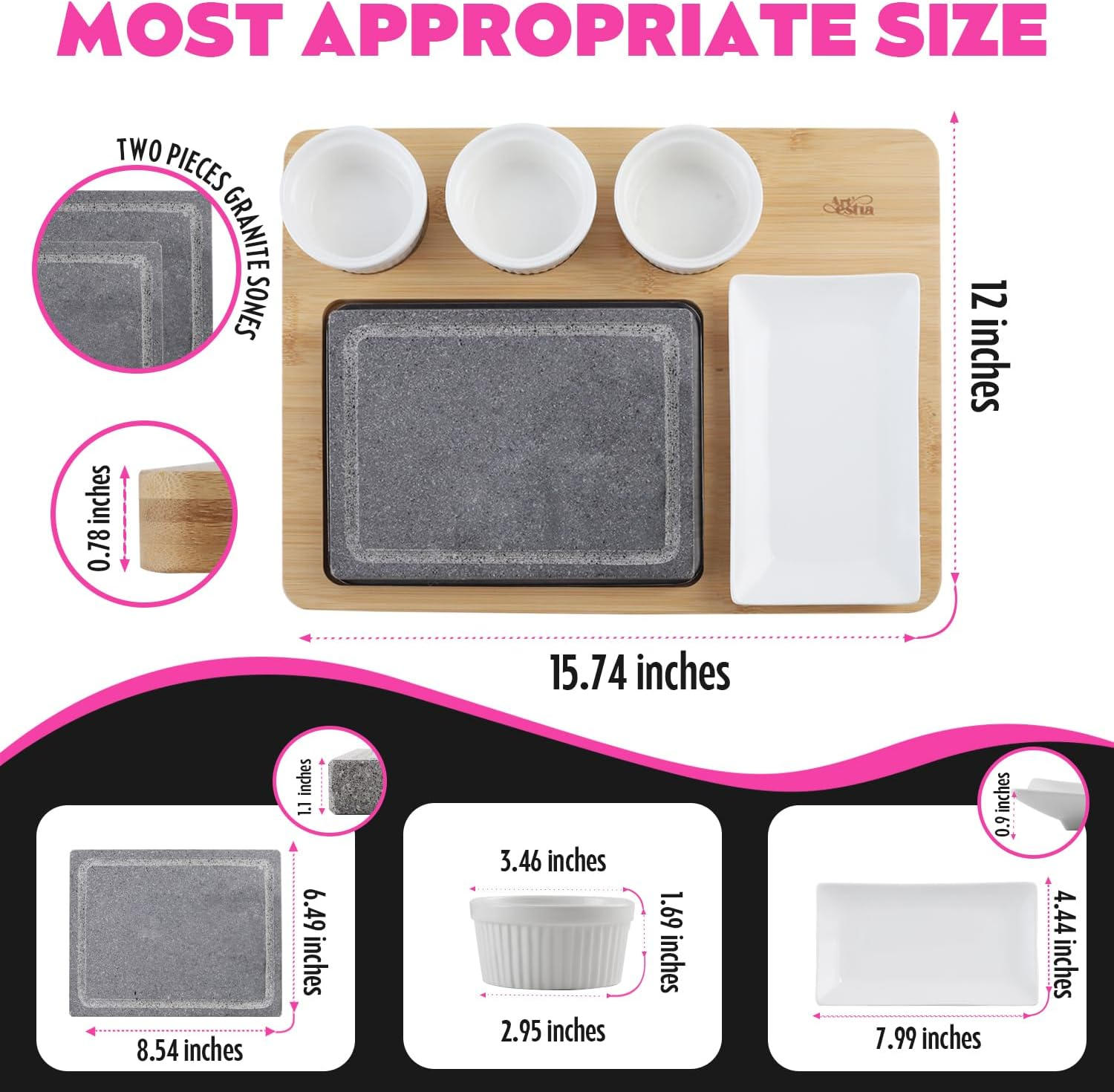 Artestia Volcanic Lava Rock Cooking Stones for Steak - 2-Piece 8.46&times;6.49In Stone with 1 Bamboo Tray, 3 Sauces Bowls, Grill & BBQ Hot Stones for Indoor Outdoor Use - Upgraded Version image number 4
