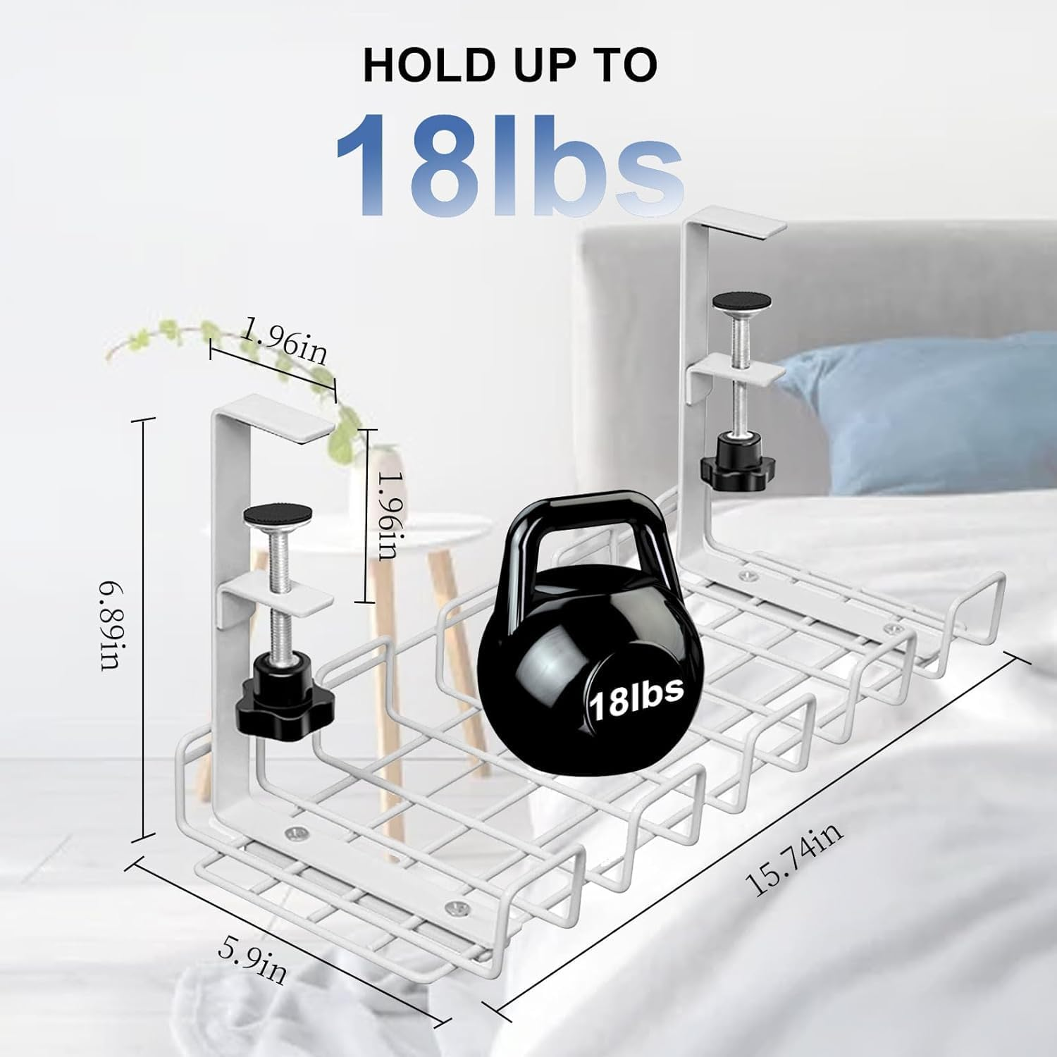 NOAEOU under Desk Cable Management Tray, Super Sturdy under Desk Wire Management Organizer,Clamp Install Metal Cord Management Rack,Perfect for Office Home,15.7In Cable Tray Basket (White) image number 3