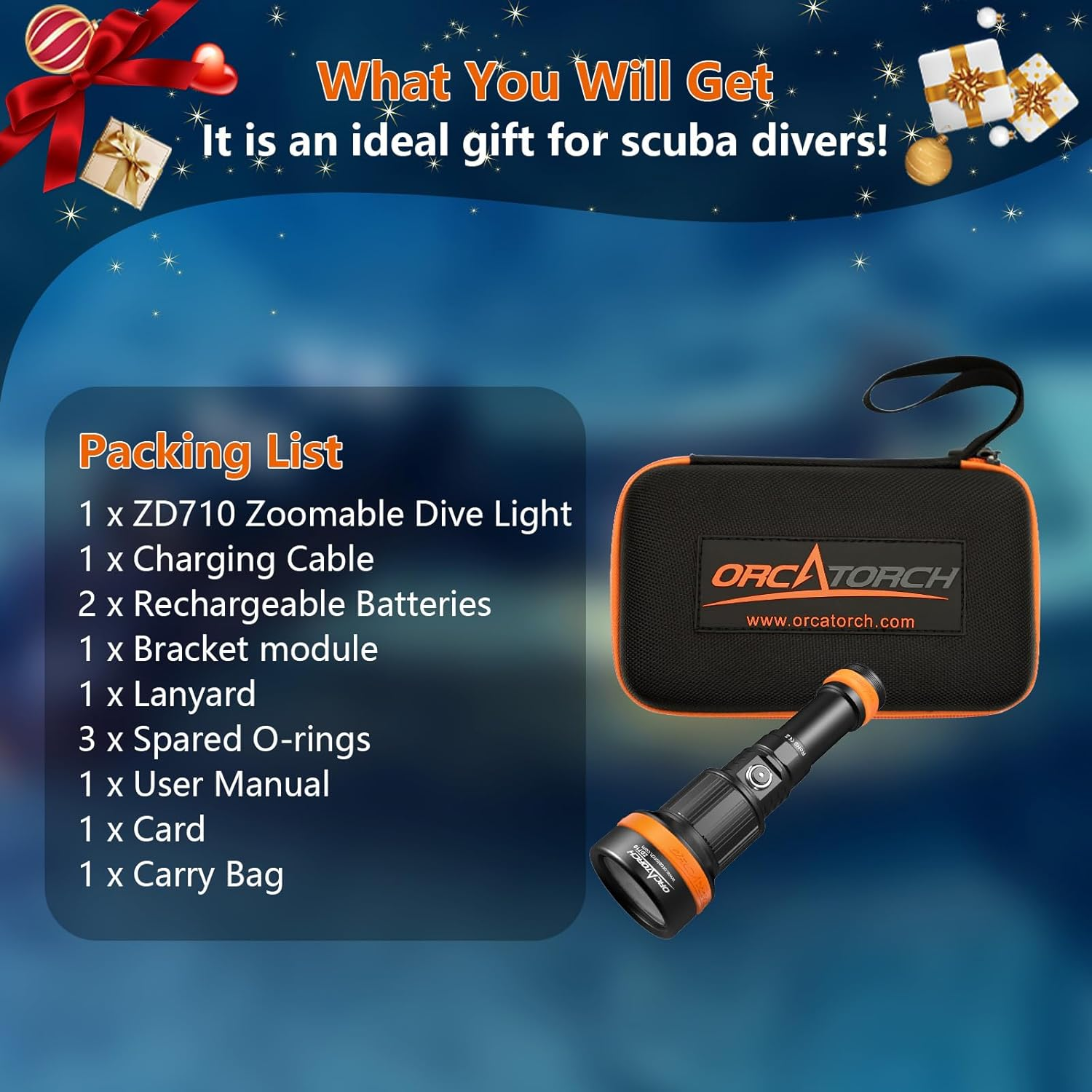 ORCATORCH ZD710 MK2 Zoomable Dive Light 212500Cd Intensity Scuba Diving Flashlight with 4 Modes, 2-In-1 Spotlight & Floodlight, IP68 Waterproof Night Dive Torch for 150 Meters under Water Sports image number 1