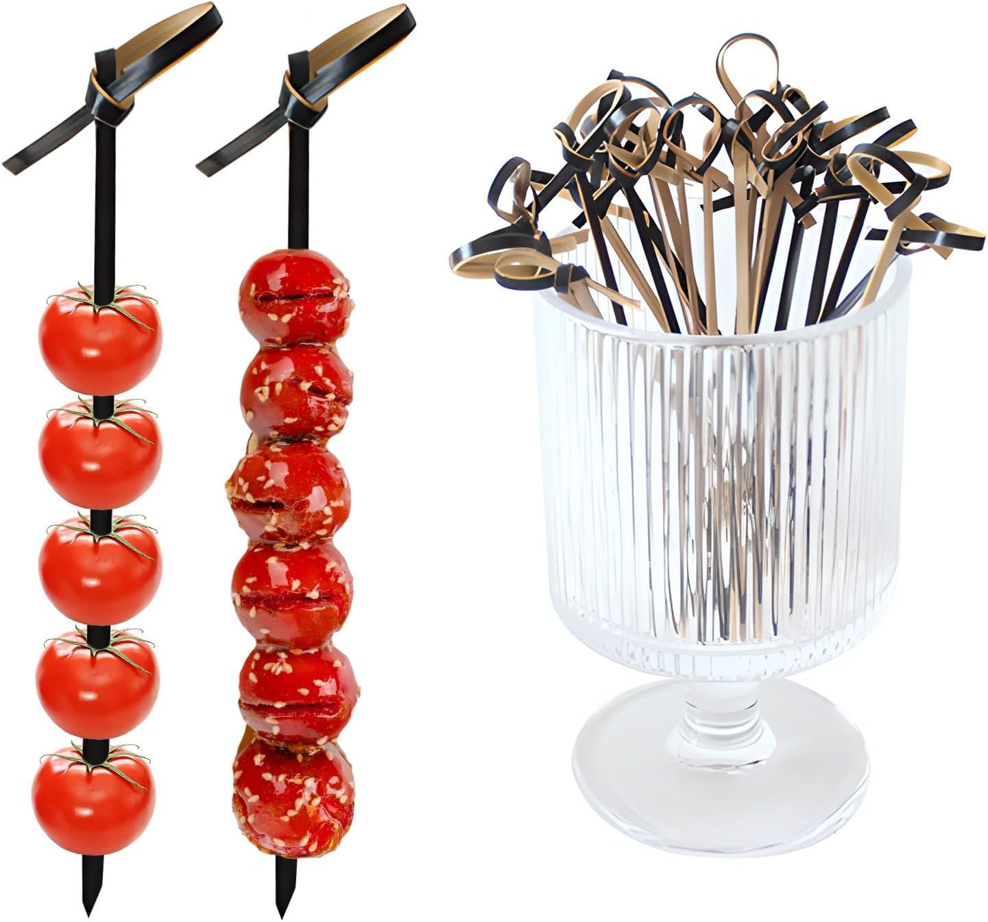 200Er Pack Cocktail Picks, Toothpicks for Appetizers, Natural Bamboo Knot Skewers, Mini Food Sticks, Fancy Tooth Picks for Fruit,Charcuterie,Cocktail Garnish Accessories, Party Supplies (Black, 9Cm)