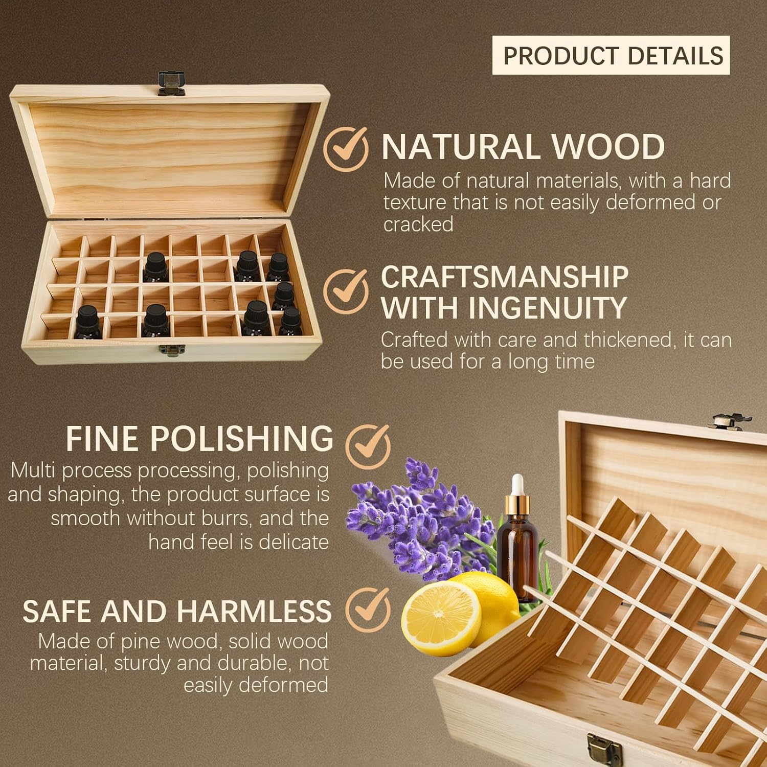 Pure Vie Wooden Essential Oil Storage Box Travel Organizer Case with Bottle Cap Label - Aromatherapy Nail Polish Fragrance Container, Holds 32 Bottle for 5-15Ml - Keep Scented Oil Safe & Space Saver image number 4