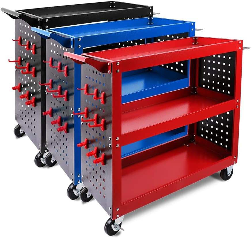HORUSDY 3-Tier Tool Storage Trolley, Workshop Steel Cart Mechanic Swivel Lock Wheel with Pegboard, Hooks and Screwdriver Holder (RED) image number 5