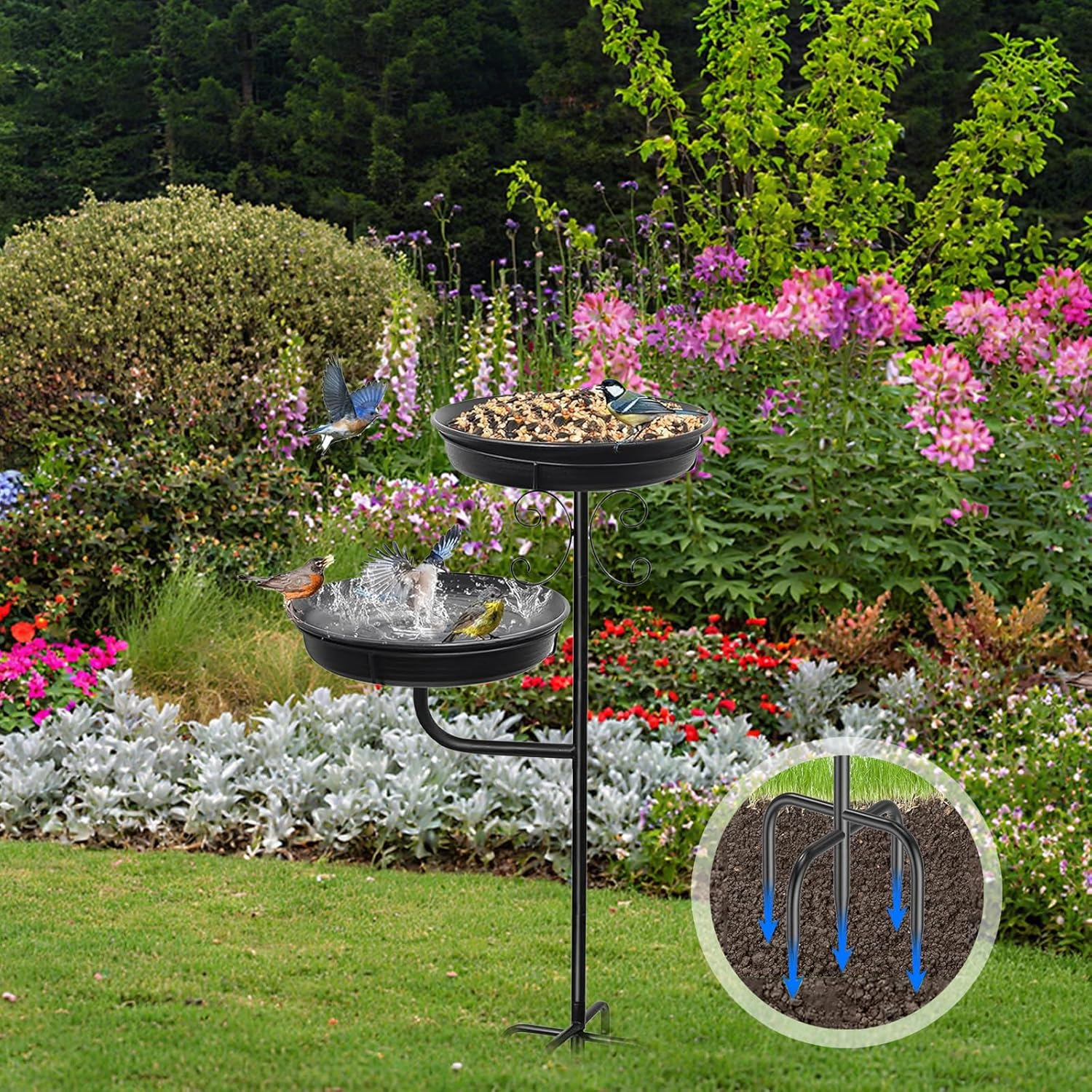 Heavy-Duty Metal Stake Bird Bath: Removable Outdoor Feeder & Spa for Garden, Lawn - Standing Design (Black) image number 2