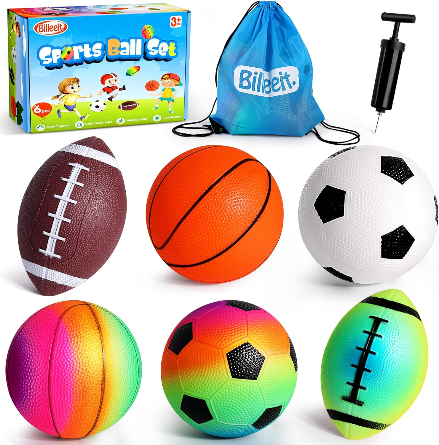 Billeeit Small Sports Balls for Kids Pack of 6, 2 Each of 5" Football, Basketball, Soccer for Playground, Toy Balls Set, Inflatable Multi-Sport Ball Set with 1 Pump for Indoor and Outdoor Activities image number 2