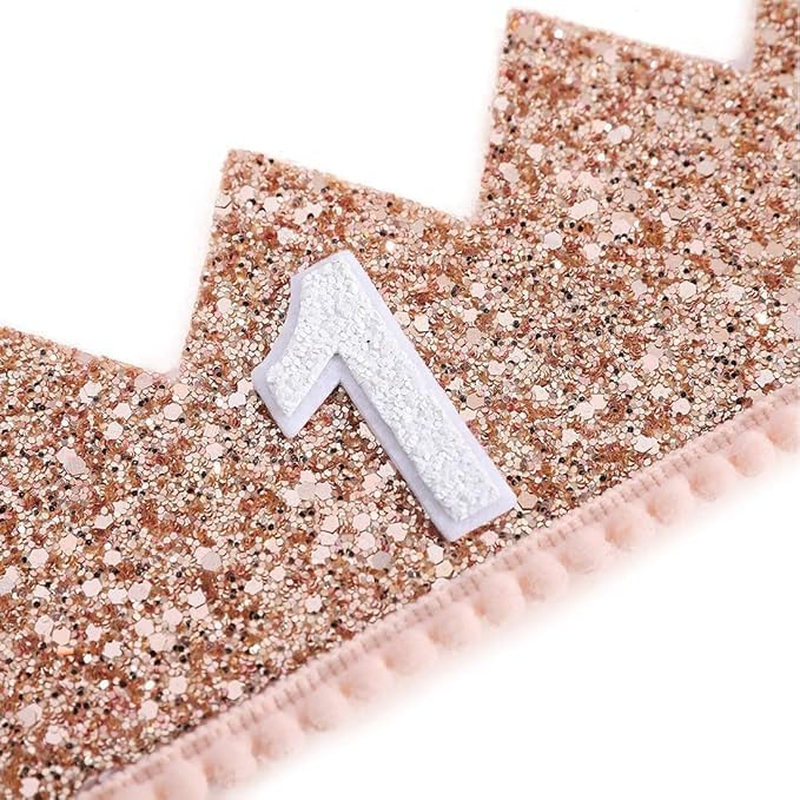 Baby First Birthday Crown, 1St Happy Birthday Decorations Birthday Party Favors, Infant Glitter Birthday Crown Photo Booth Props Photography Props First Birthday Outfit Girl Boy(Pink) image number 2