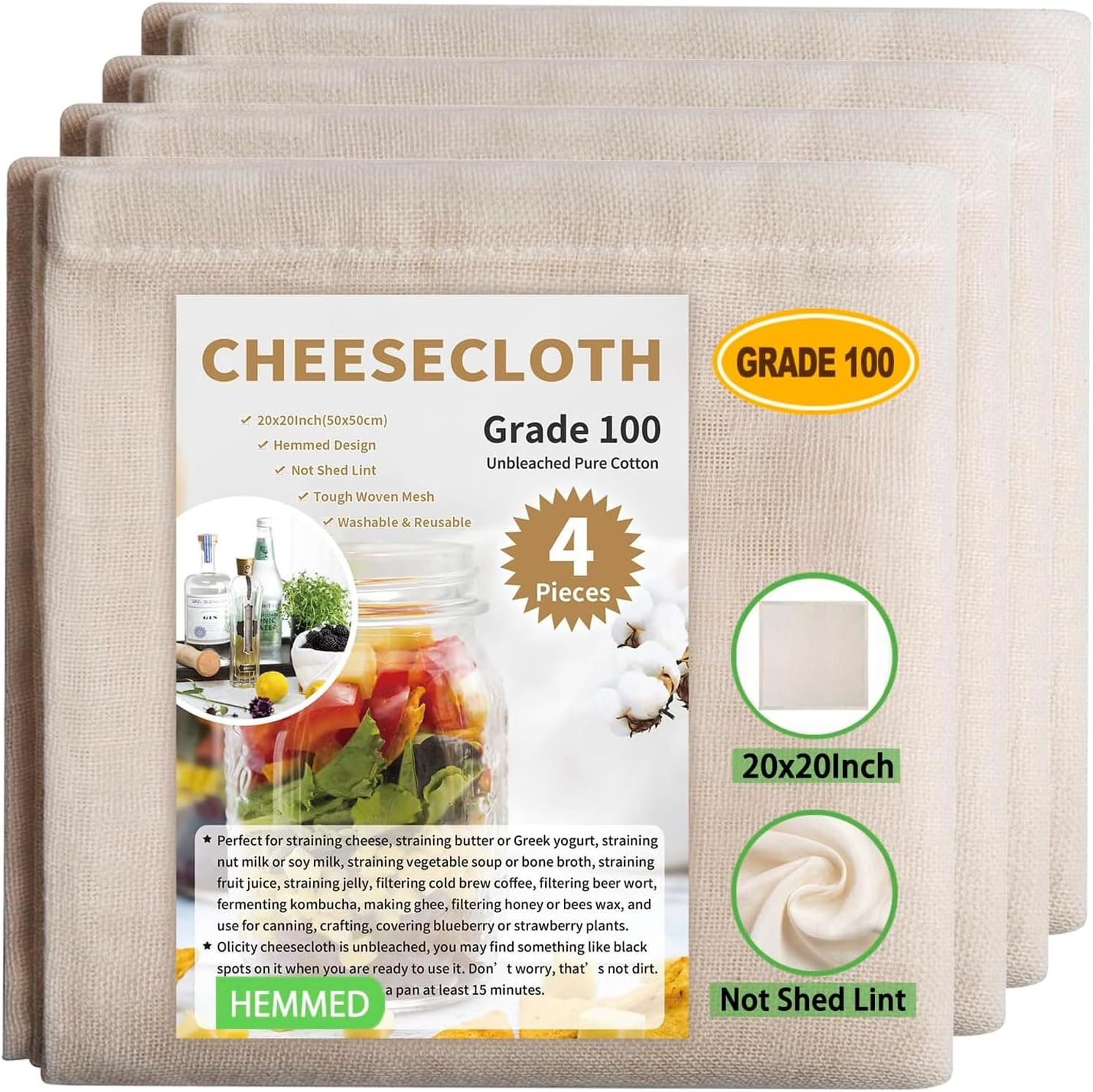 Tehttz 4Pcs 50X50Cm Cheesecloth for Straining, Organic Unbleached Cotton Cheesecloth with Hemmed Edge, Reusable Washable Unbleached Pure Cotton Cheesecloth for Cooking Brewing Coffee Tea image number 1