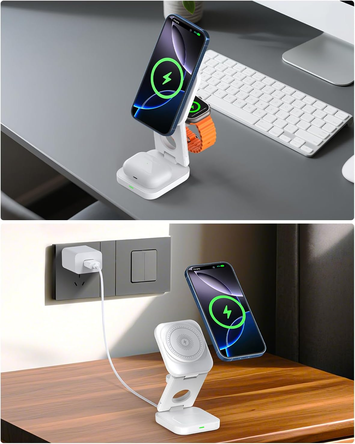 3 in 1 Wireless Charger,Magnetic Foldable Fast Wireless Charger Station Compatible with Iphone 15/14/13/12/Pro/Plus/Pro Max,5W for Apple Watch 9/8/7/6/5/4/3/2/Se/Ultra 2, Airpods 3/2/Pro (White) image number 3
