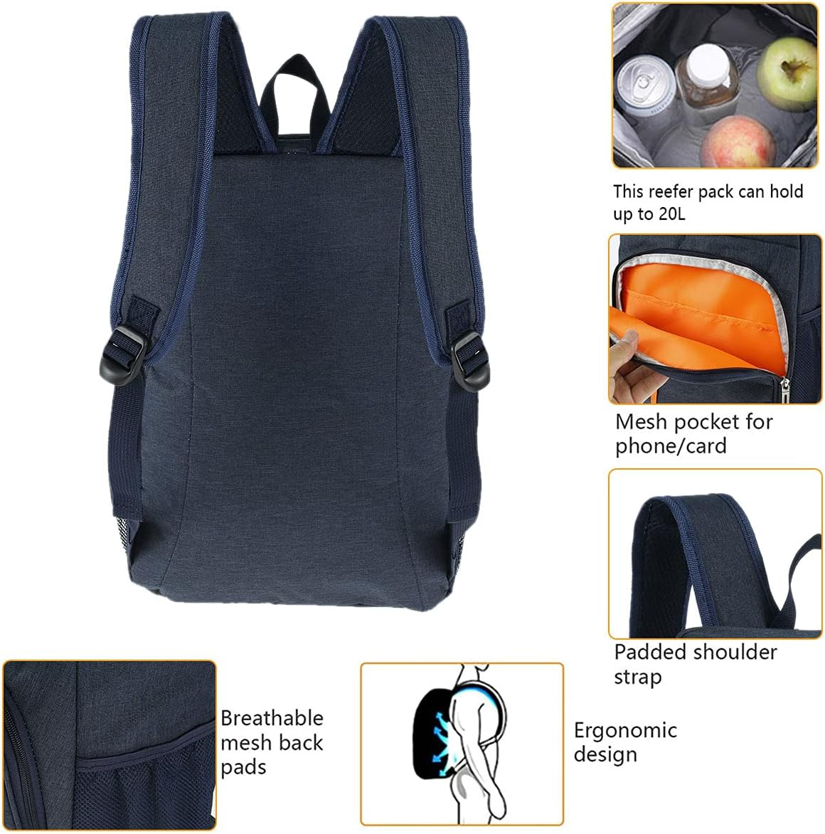 Cooler Backpack 20L Leakproof Insulated Backpack Multiple Pockets Picnic Backpack Large Capacity Cooler Bag Insulated Large Picnic Beer Bag Backpack Freezer for Camping Hiking Beach (Navy Blue) image number 5
