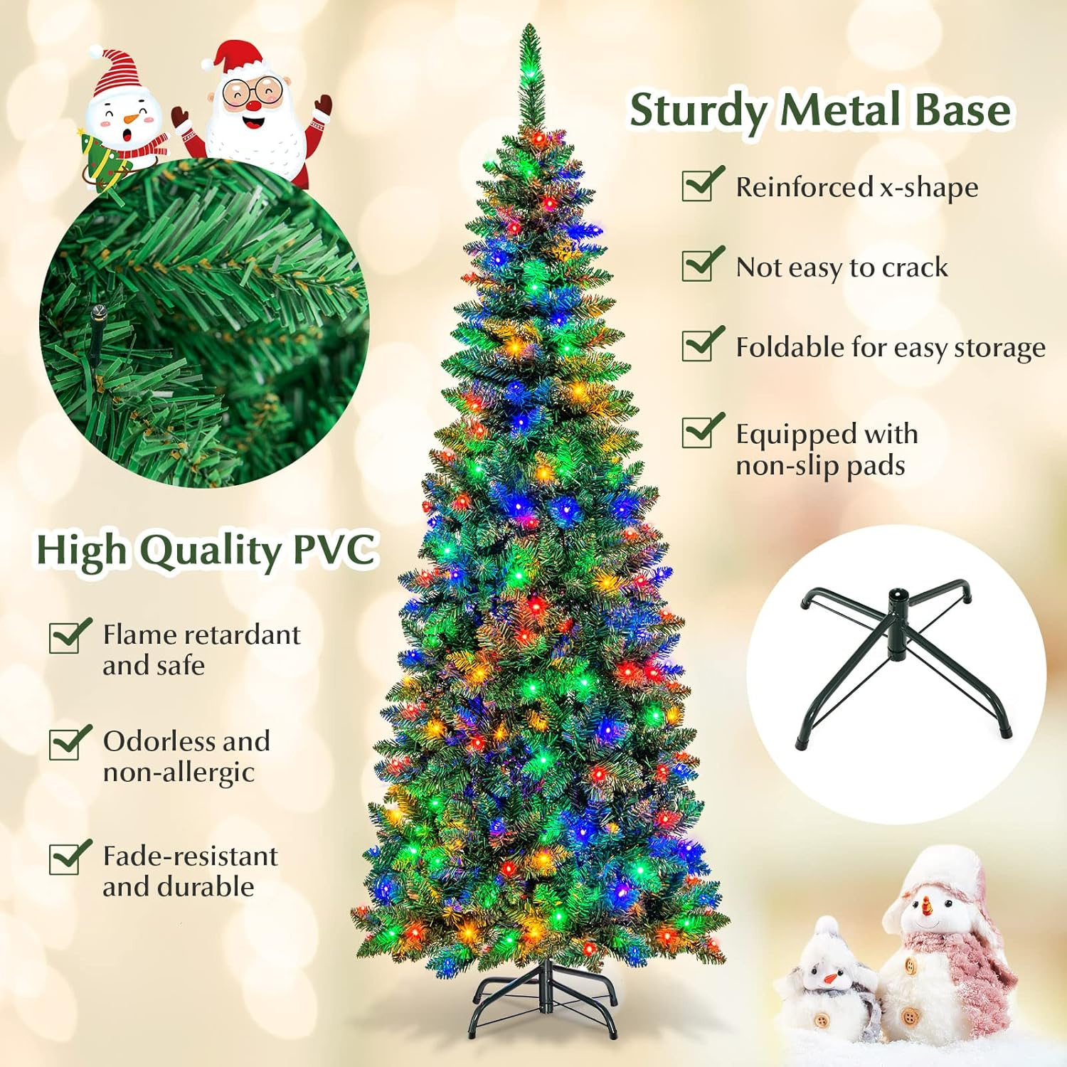 Costway Artificial Pre-Lit Christmas Tree, Hinged Fir, Xmas Pencil Tree with Foldable Metal Stand & Superior PVC Leaves, Easy Assembly, Christmas Decoration for Indoor (1.98 M) image number 5