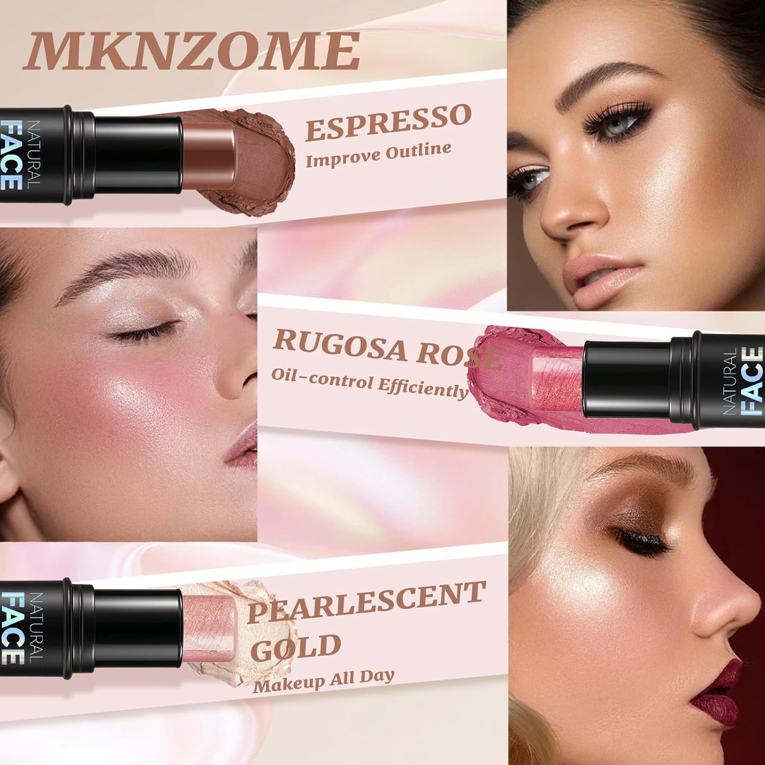 MKNZOME 3 Pcs Cream Contour Sticks, Shades with Highlighter Stick Bronzer Stick Blush Stick for Cheeks, Lips, Highlighter Makeup with Makeup Brush for Sculpt the Cheeks, Long Lasting, Waterproof image number 3