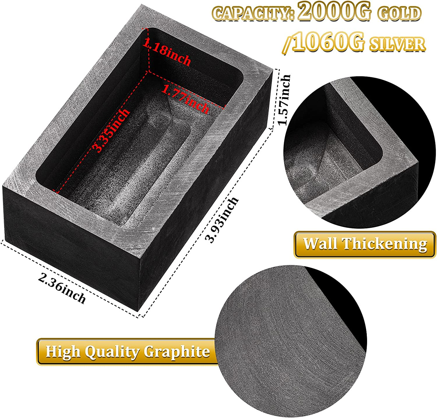 2 Kg Graphite Ingot Mold Crucible Casting Mould Silver Gold Ingot Mould for Gold Silver Metal Aluminum Copper Melting Casting Refining, 85 X 45 X 30 Mm (1 Piece)