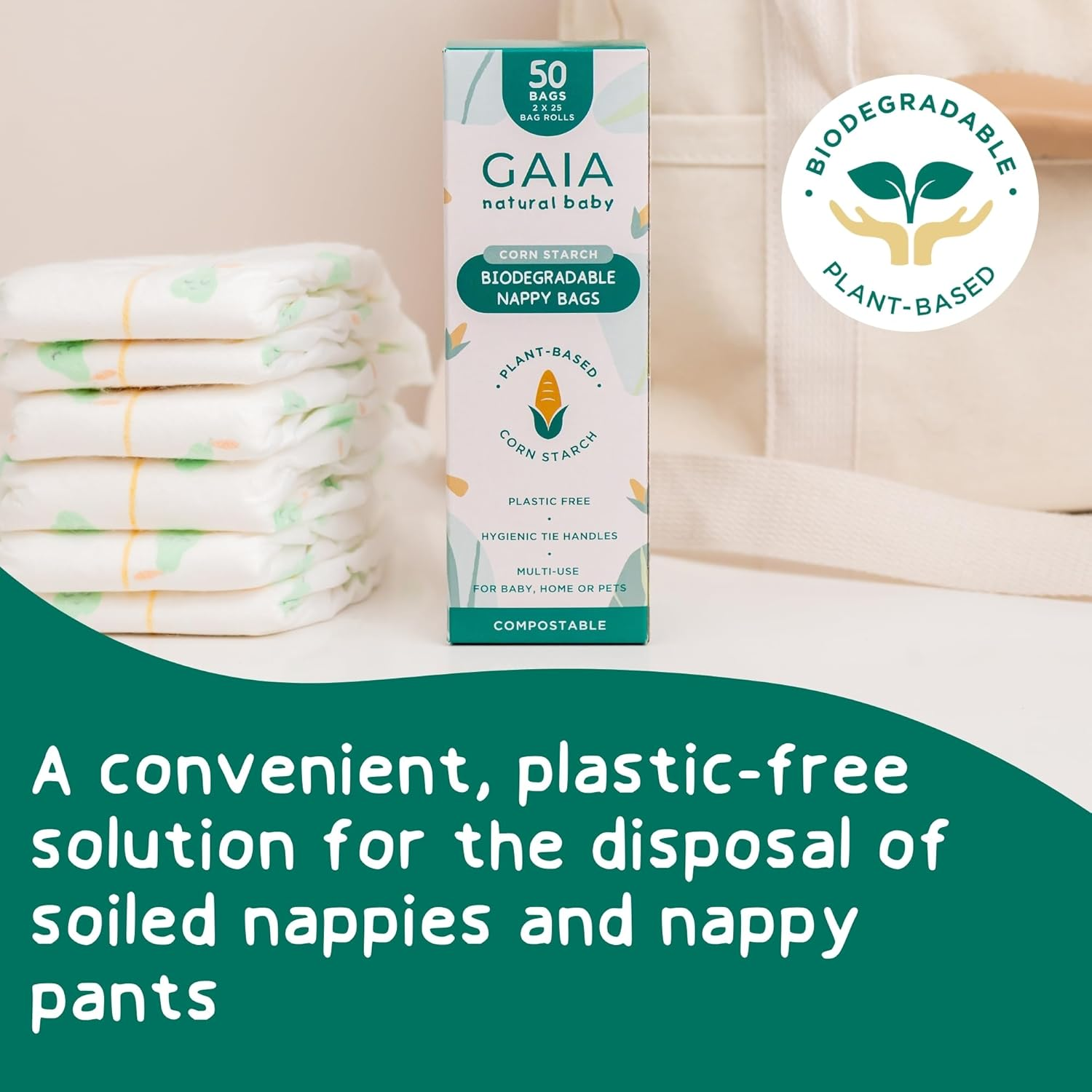 GAIA Natural Baby Biodegradable Nappy Bags | Plastic Free Cornstarch Bags | Easy‑Tie Handles | Hygienic Nappy Disposal | Eco‑Friendly & Compostable | Australian Brand | 50Pk image number 1