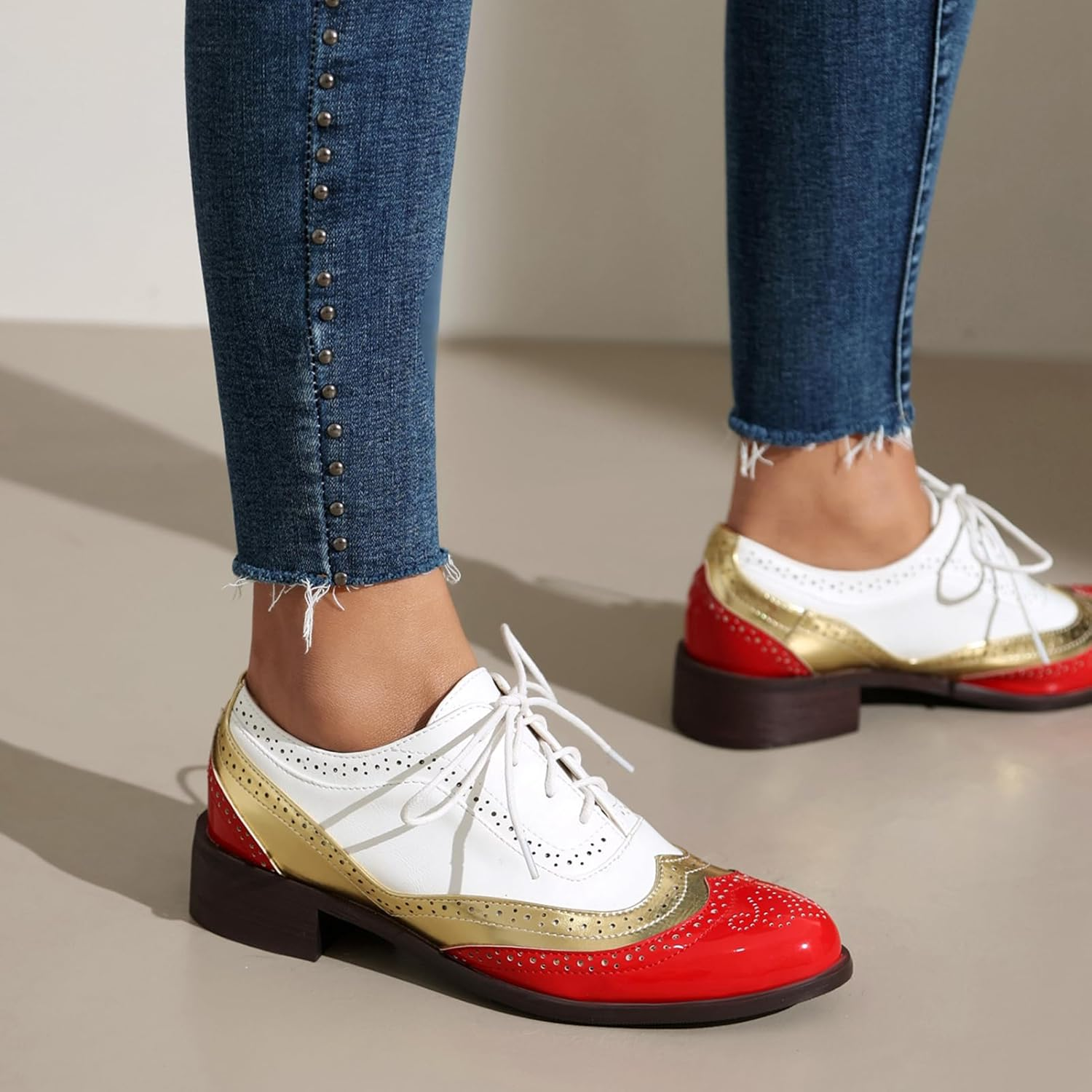 Galindopia Unisex Oxford Shoes Women Two Tone Perforated Wingtip Brogue image number 3