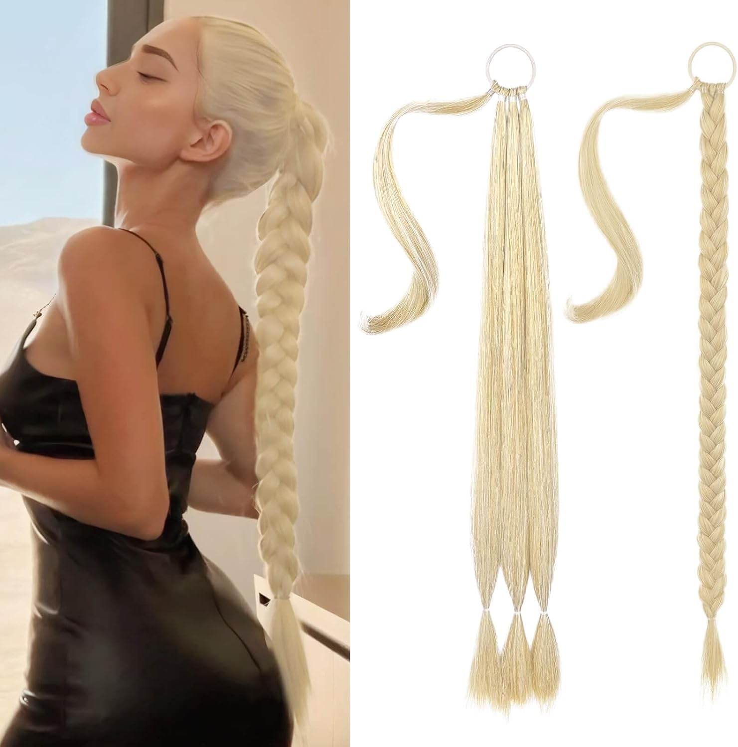 PHOCAS Long Braided Ponytail Extension with Hair Tie 32'' DIY Synthetic Ponytail Hair Extensions Ponytail Hair Pieces for Women Daily Wear(Black)