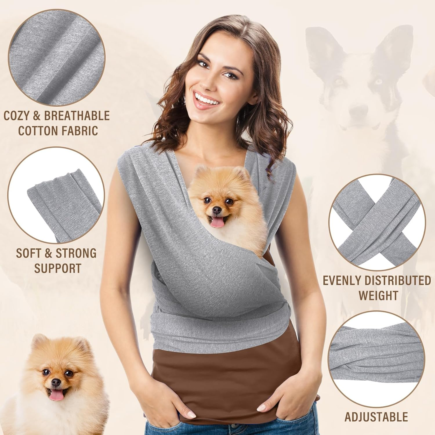 Clysee Dog Sling Carriers, Cat Wrap Carrier Chest, Front Facing Dog Sling, Hands Free, Size Adjustable, Soft Cotton, Swaddle Bag for Outdoor(Light Grey)