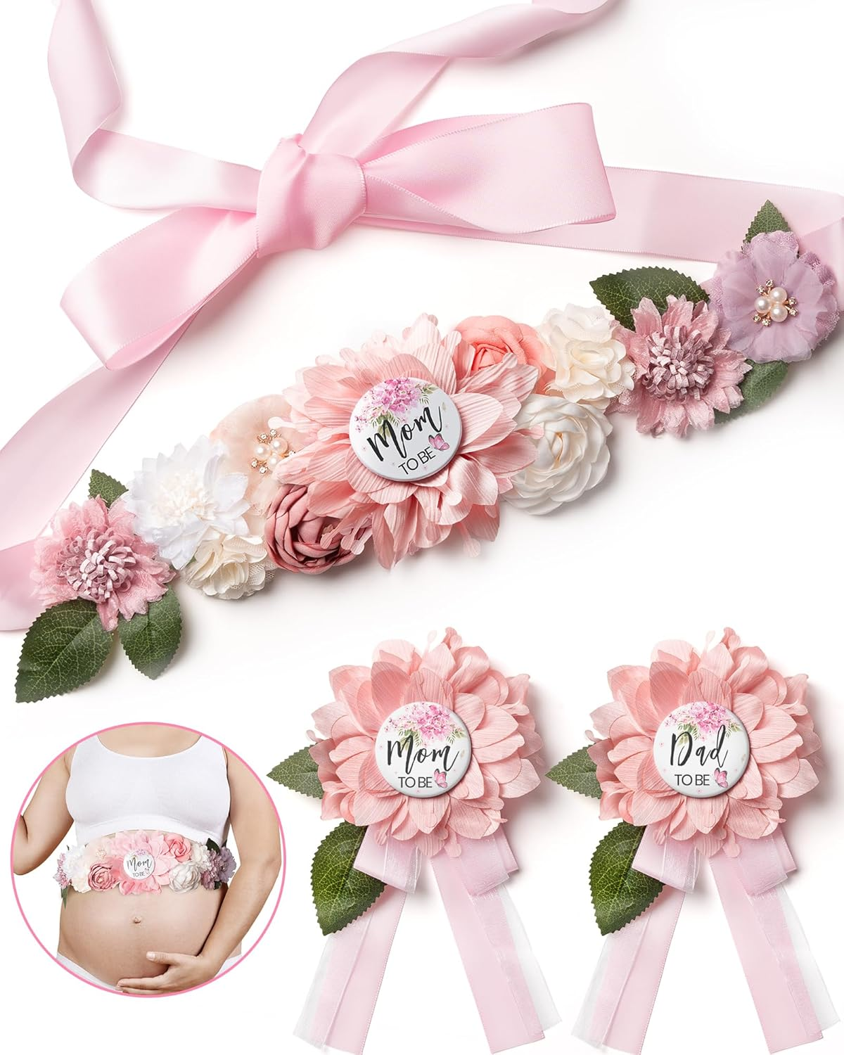 Mom to Be Pink Pregnancy Belly Band Floral Maternity Sash Belt for Baby Shower with Daddy to Be Pin, Gender Reveal Decorations for Mommy, Soft Chiffon Flower Sash Maternity Photography