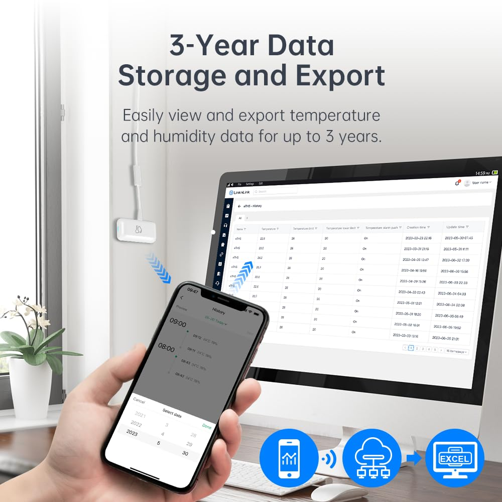 Thermometer and Hygrometer Eths, Wifi Smart Temperature and Humidity Monitor Sensor, APP Phone Alert, 3 Years Data Storage and Export, Modbus, Works with Alexa Google Home, No Hub Required image number 5
