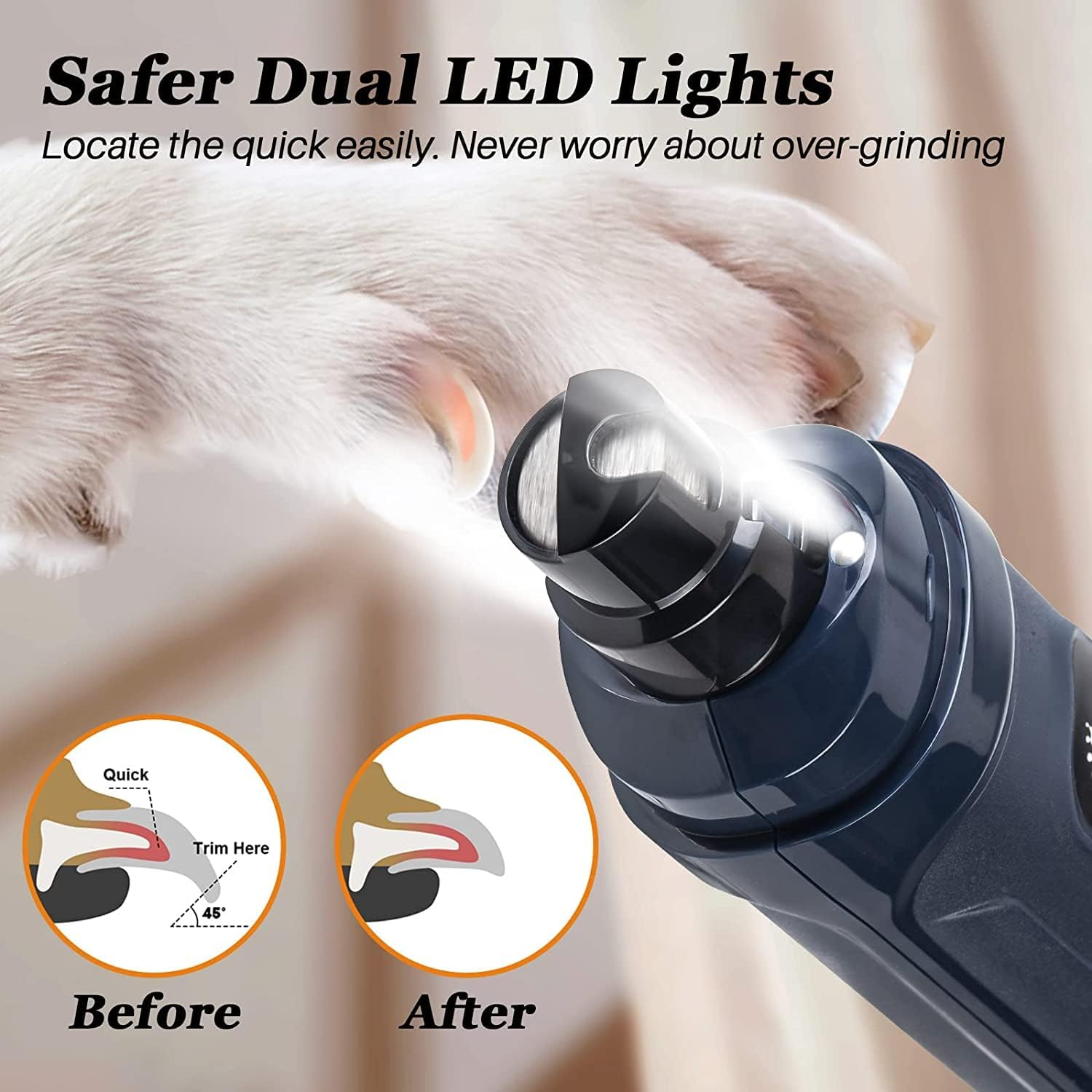 Bousnic Dog Nail Grinder and Clipper Kit - 2-Speed & 2 LED Lights Electric Rechargeable Pet Nail Trimmer Painless Paws Grooming & Smoothing for Small Medium Large Dogs & Cats image number 3