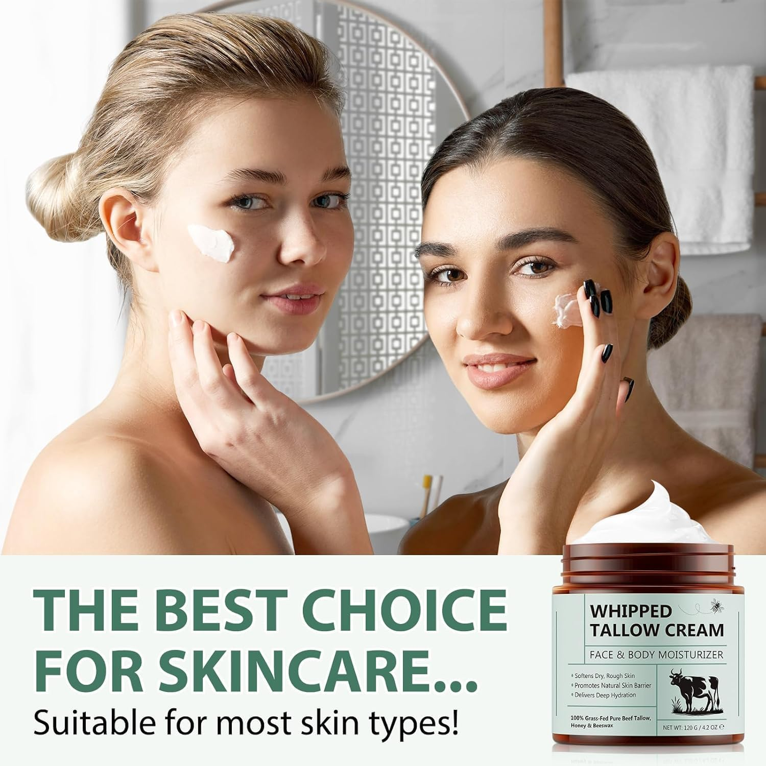 Beef Tallow for Skin, Tallow and Honey Balm (4.2 Oz), Tallow Face Moisturizer, Organic Grass Fed Whipped Beef Tallow with Honey Beeswax, Deeply Moisturizing for Face & Body, Unscented Fast Absorption (2) image number 2