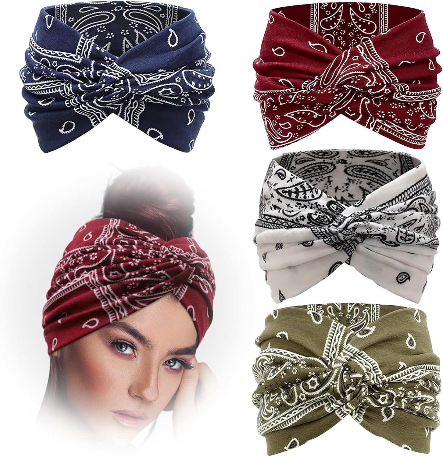 Pack of 4 Satiskid Women'S Hair Bands, Cotton Paisley Pattern Headband, Soft Sports Headband for Yoga, Fitness, Cosmetics, Boho Hair Accessories, Summer image number 1