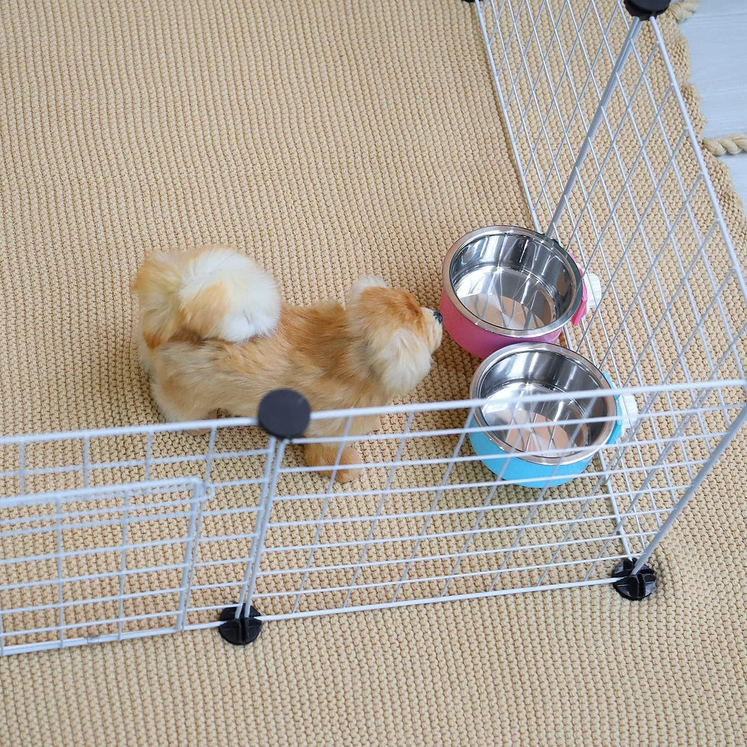 Pet Bowls for Cats and Dogs, Detachable and Hanging -2-Piece Set of Stainless Steel, Cat Cage, Food Bowl, and Dog House Water Dispenser, Suitable for Puppies, Birds, and Kittens (Pink+Blue)