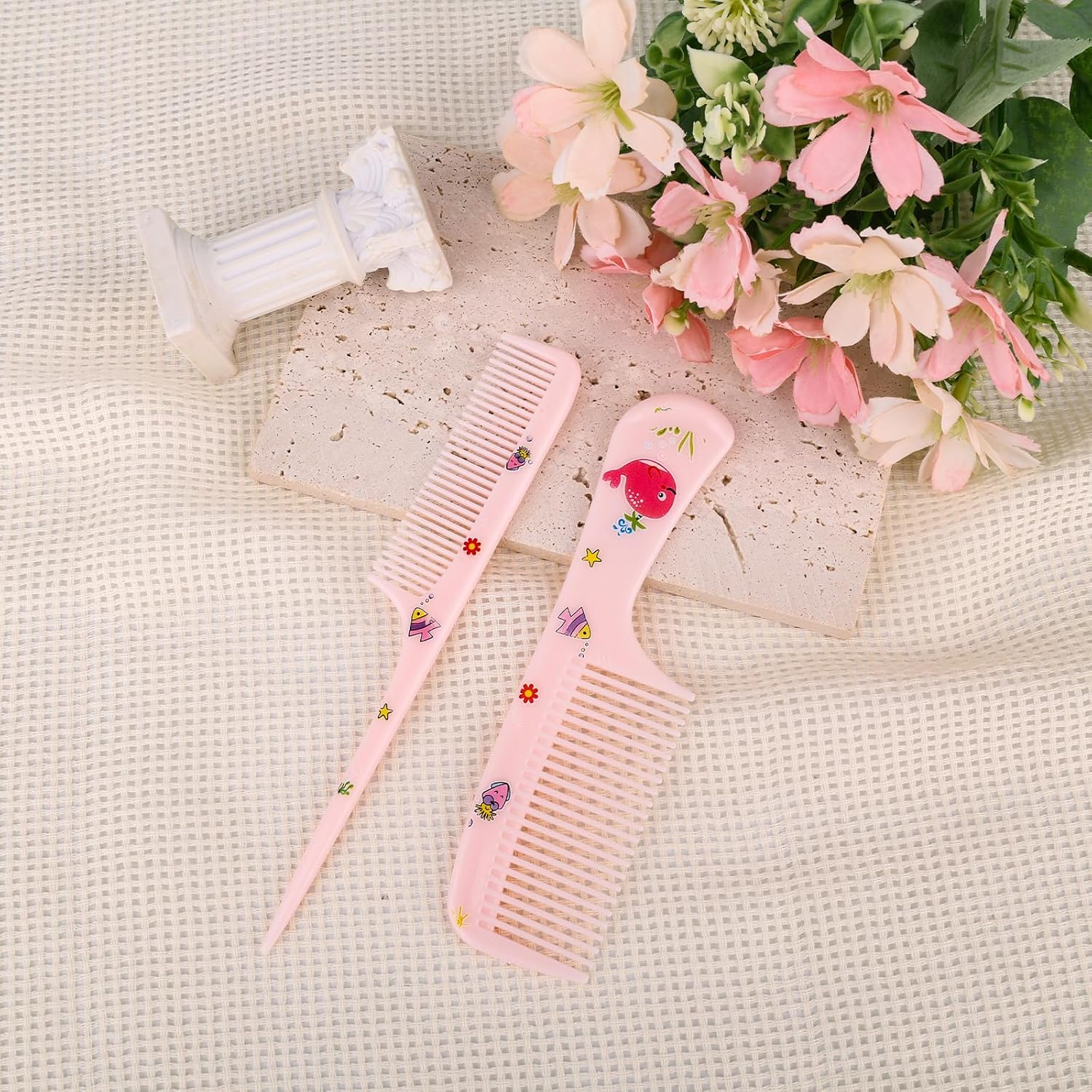 2Pcs Cute Hair Comb Set, Fine Tooth & Rat Tail Styling Comb Mini Baby Plastic Hairbrush Tools Accessories for Toddlers Kids Women All Hair Types (Pink Whale) image number 2