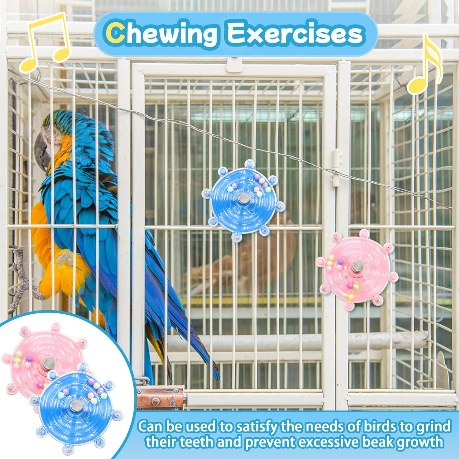 2 Colors Bird Toys for Parrots, Small Bird Cage Toys with Spinning Rattle, Hanging Roller Parakeet Cage Accessories for Chewing Exercise, Budgie Entertainment (Pink and Blue) image number 2