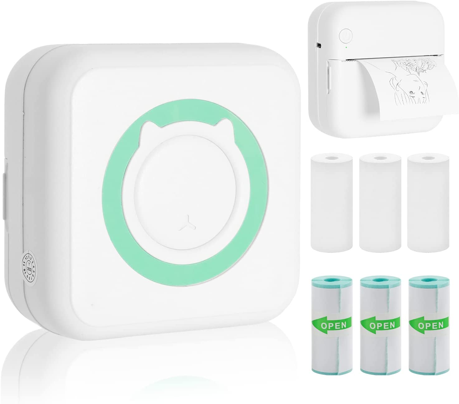 AURTEC Mini Thermal Printer, Portable Wireless Bluetooth Inkless Printer with 3 Rolls of Sticker and 3 Rolls of Thermal Paper, Compatible with Android/Ios, Pocket Printer for Memo, DIY, Photo and More