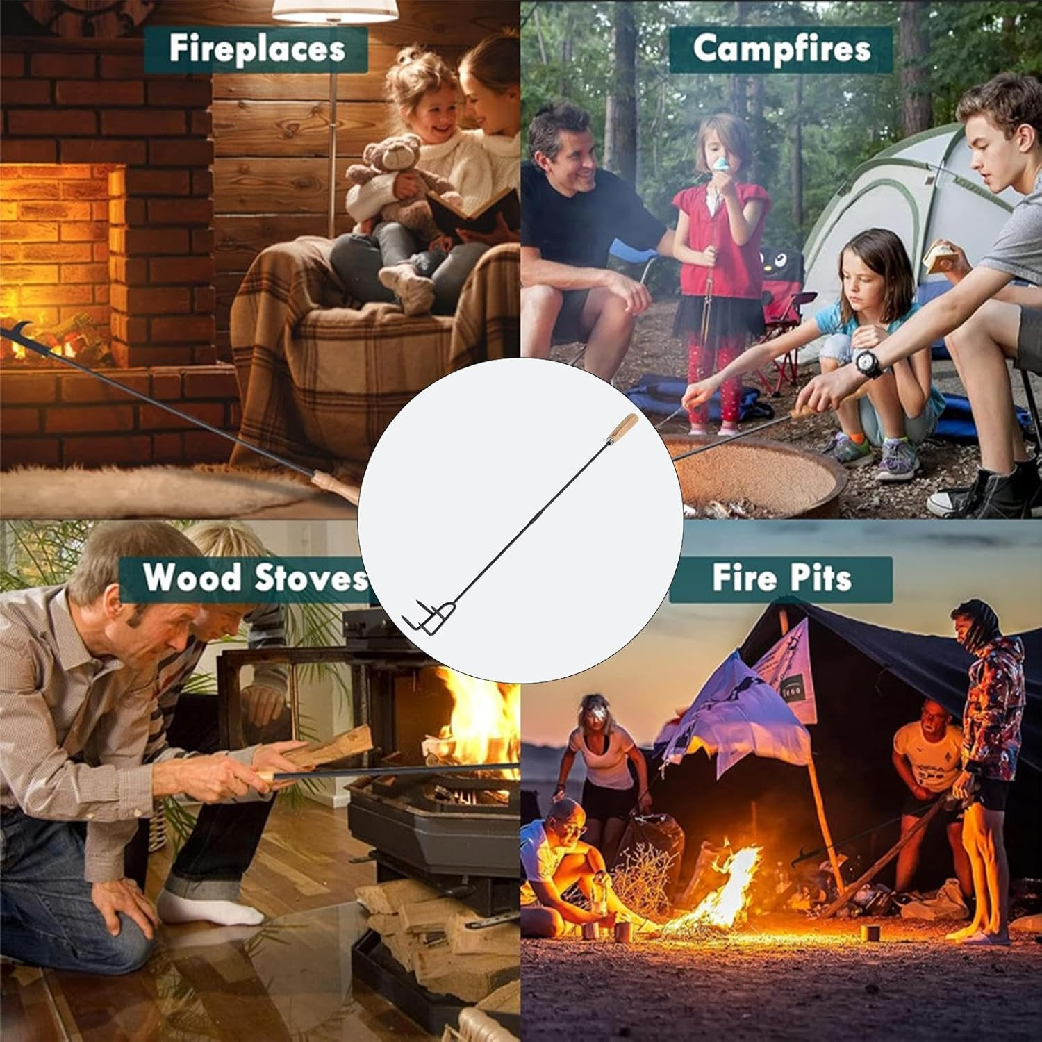 Fire Poker, Portable Fireplace Poker Tool, 33 Inch Fire Poker with Wooden Handle for Fire Pit, Long Portable Campfire Poker, Outdoor Fire Pit Poker