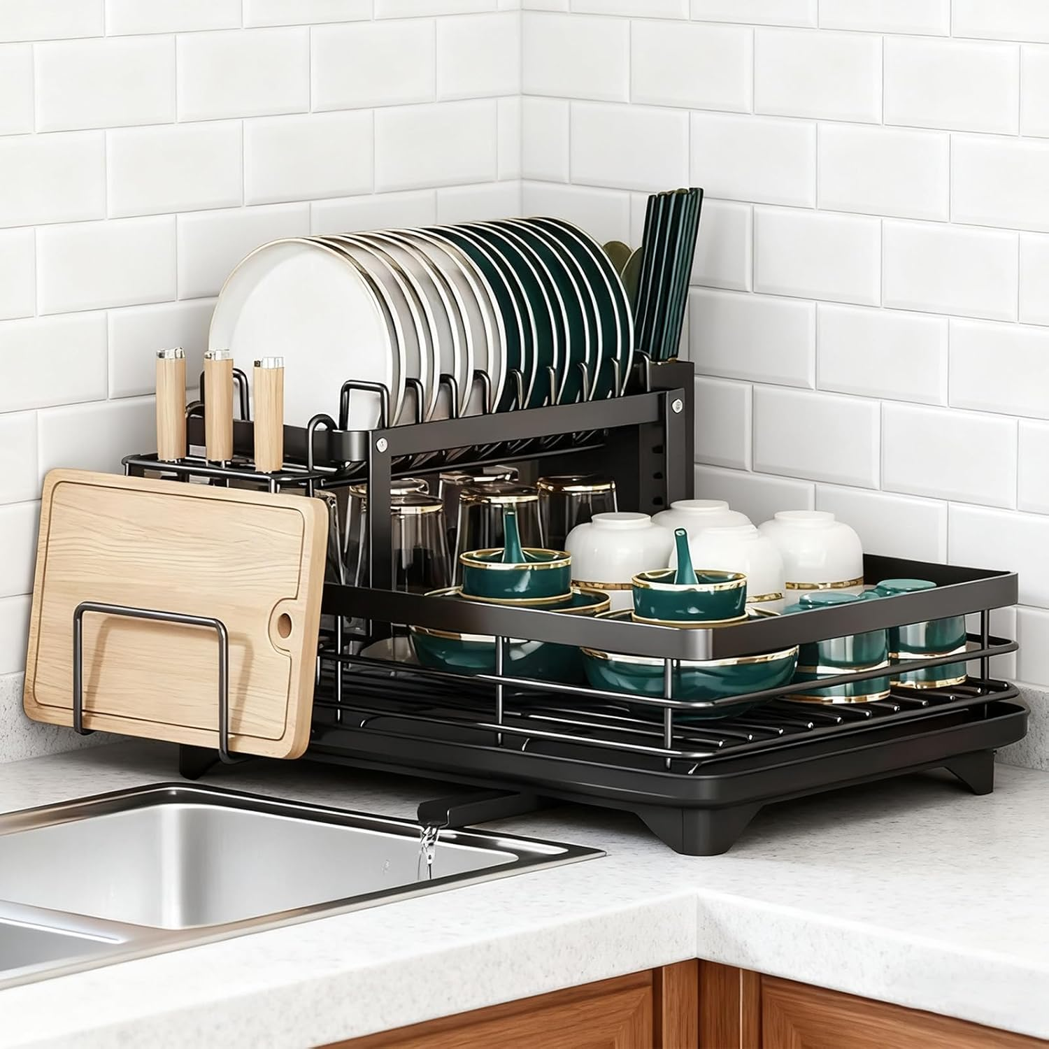 Stainless Steel Dish Drainer with Cutlery Holder & Drip Tray &ndash; Space-Saving Kitchen Counter Organiser, 40.5 X 30.5 X 13.0 Cm, No Assembly Needed, Rust-Resistant & Durable (White, Single Layer)