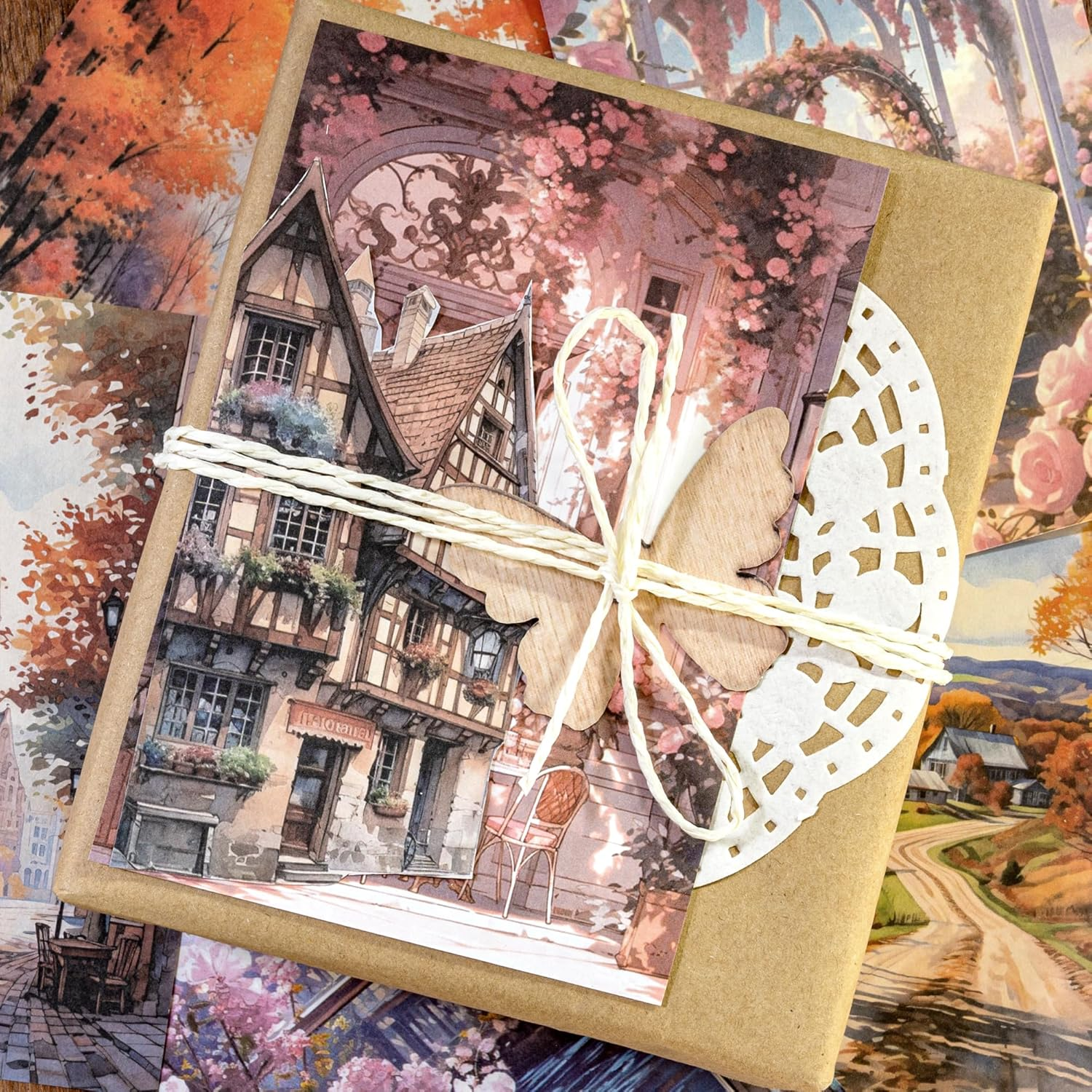 2 Packs Scrapbook Paper Street Natural Scenery Decoupage Background Paper Vintage Watercolor Style Collage Paper with Sticky Pearl for Journal Planner Card Making Crafting Collaging Wrapping (Alva) image number 3