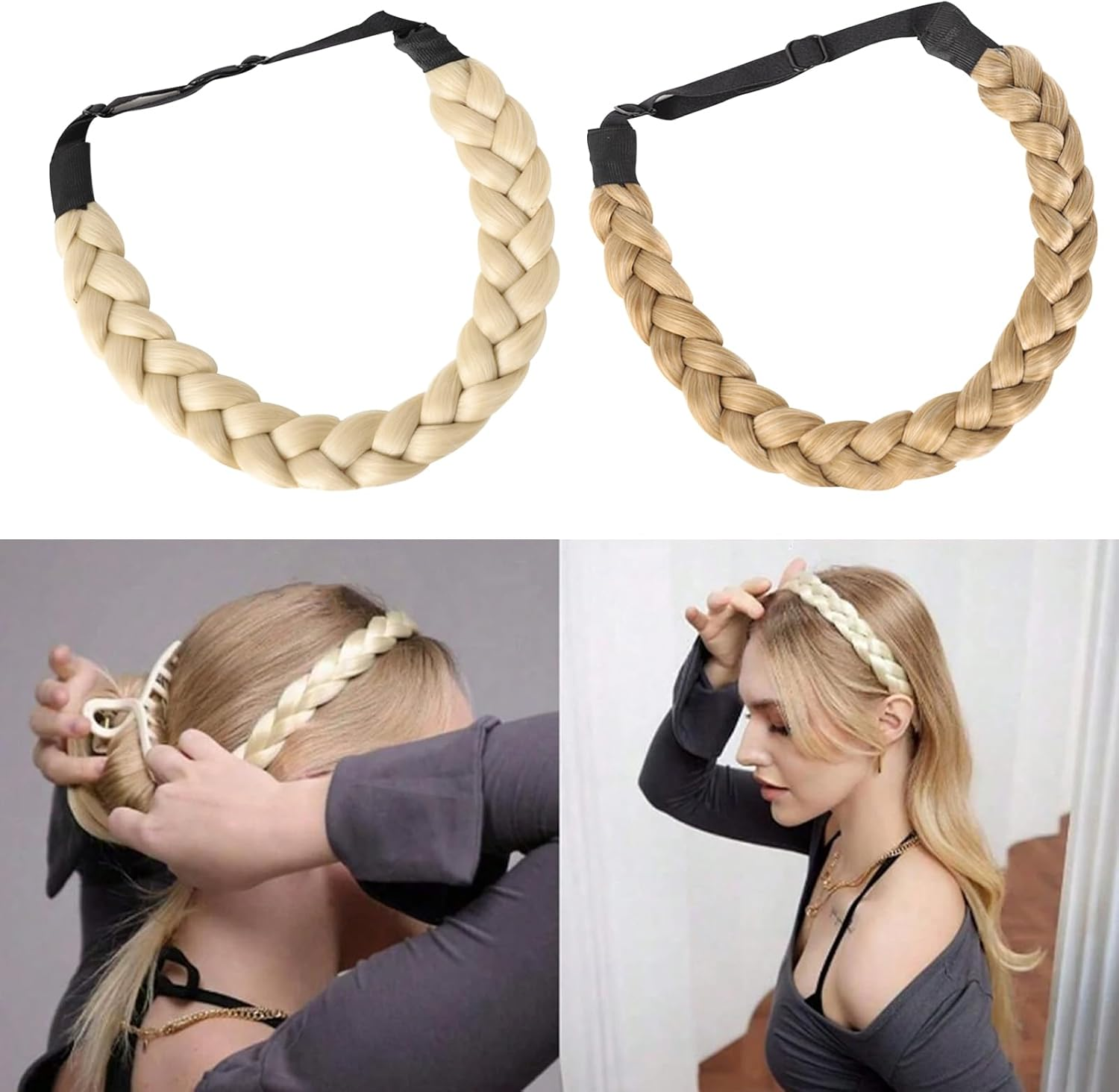 BSITSSS Pack of 2 Women'S Headbands, 3 Strands Synthetic Braided Headband, Light Blonde & Golden Blonde Headband, Adjustable for Women, Girls, Wedding, Birthday Party image number 5