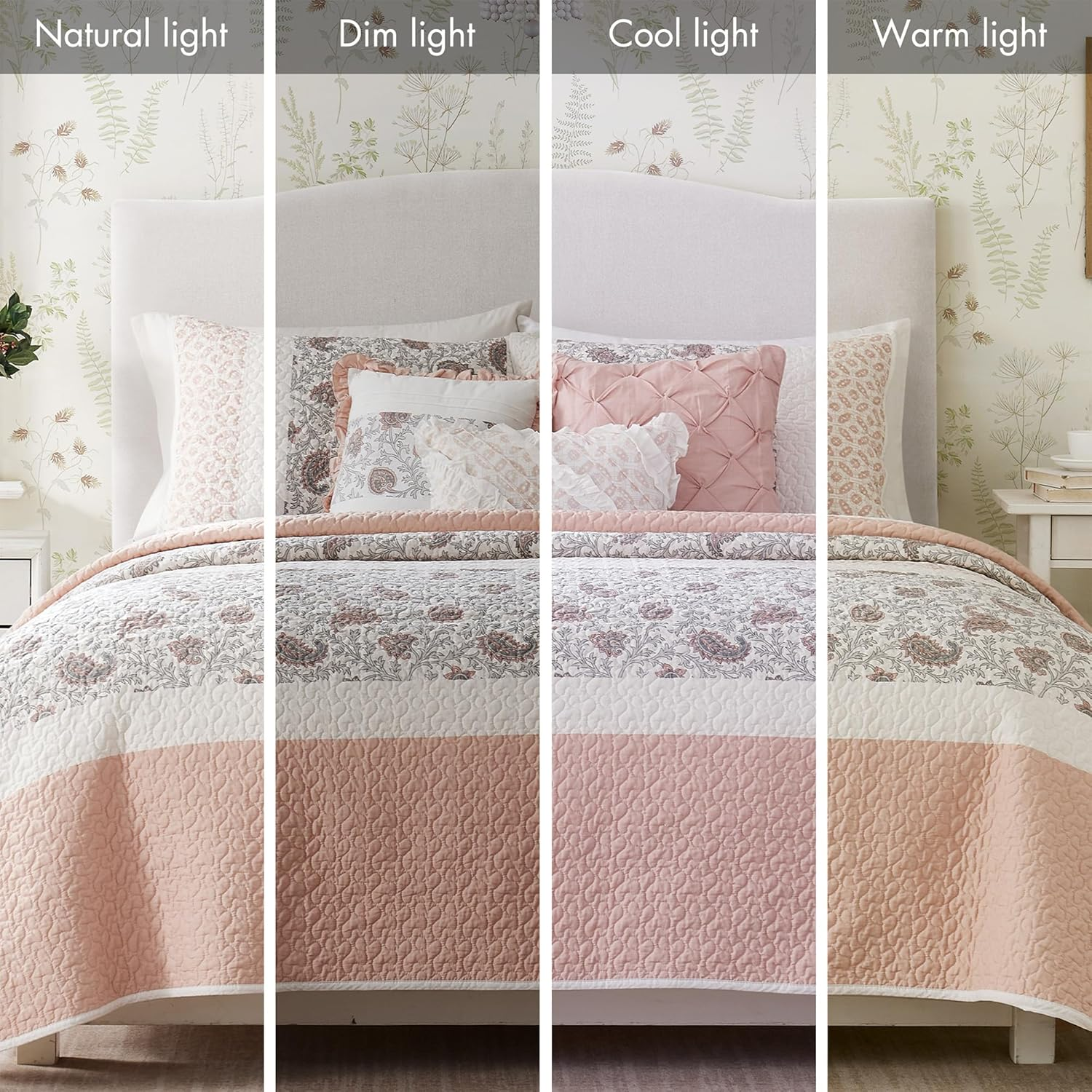 Madison Park Dawn 100% Cotton Quilt Set Floral Print, Double Sided Stitching, All Season, Lightweight Coverlet Bedding Layer, Matching Shams, King/Cal King, Blush 6 Piece image number 5