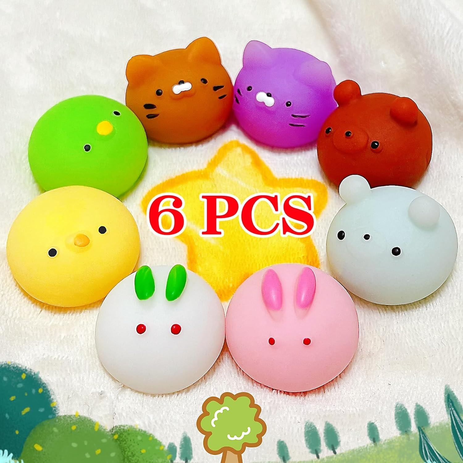 6 Pcs Mochi Squishy Toys for Kids Party Favors, Mini round Animals Toys Kawaii Squishies for Classroom Prizes, Easter Basket and Goodie Bag Stuffers, Stress Balls Fidget Toys Bulk for Kids image number 1