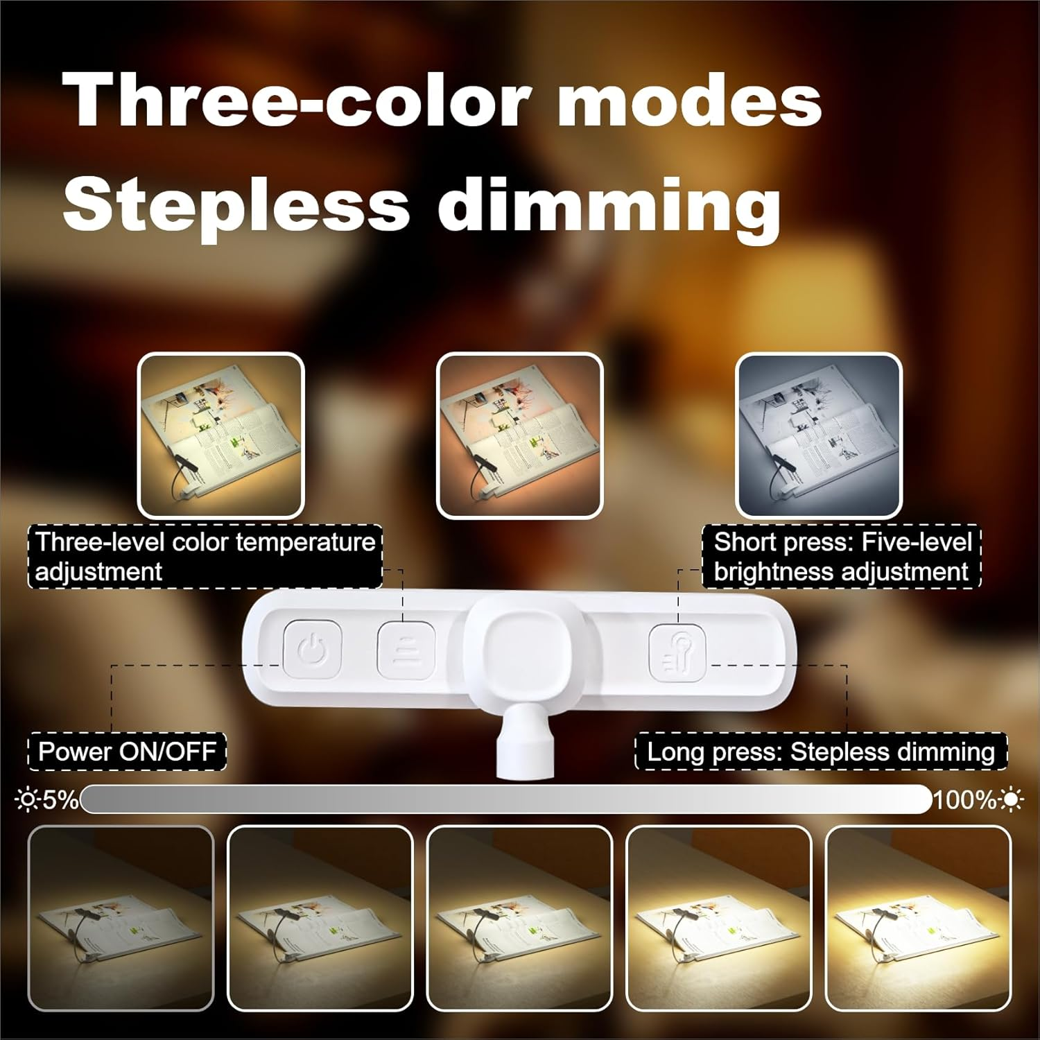 LUTW 24 LED Rotatable Book Light, 3 Eye-Friendly Colours and 5 Brightness Reading Light, Stepless Dimming, 1000Mah Rechargeable Clip on Light, Long Battery Life, Flexible Arm, Lightweight, White image number 6