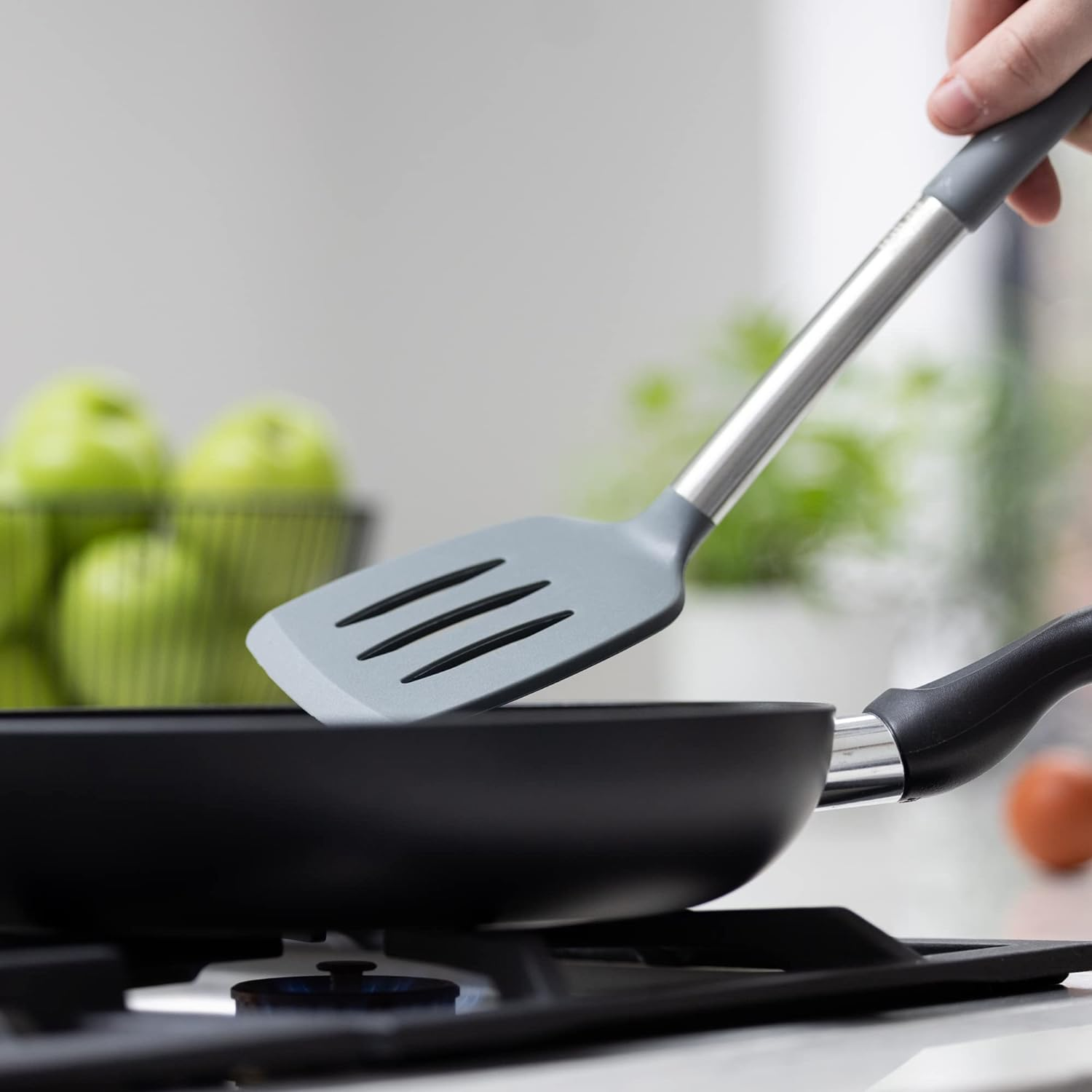 Igluu Meal Prep Grey Silicone Slotted Turner Spatula Heat Resistant Non-Stick Soft Grip, Stainless Steel