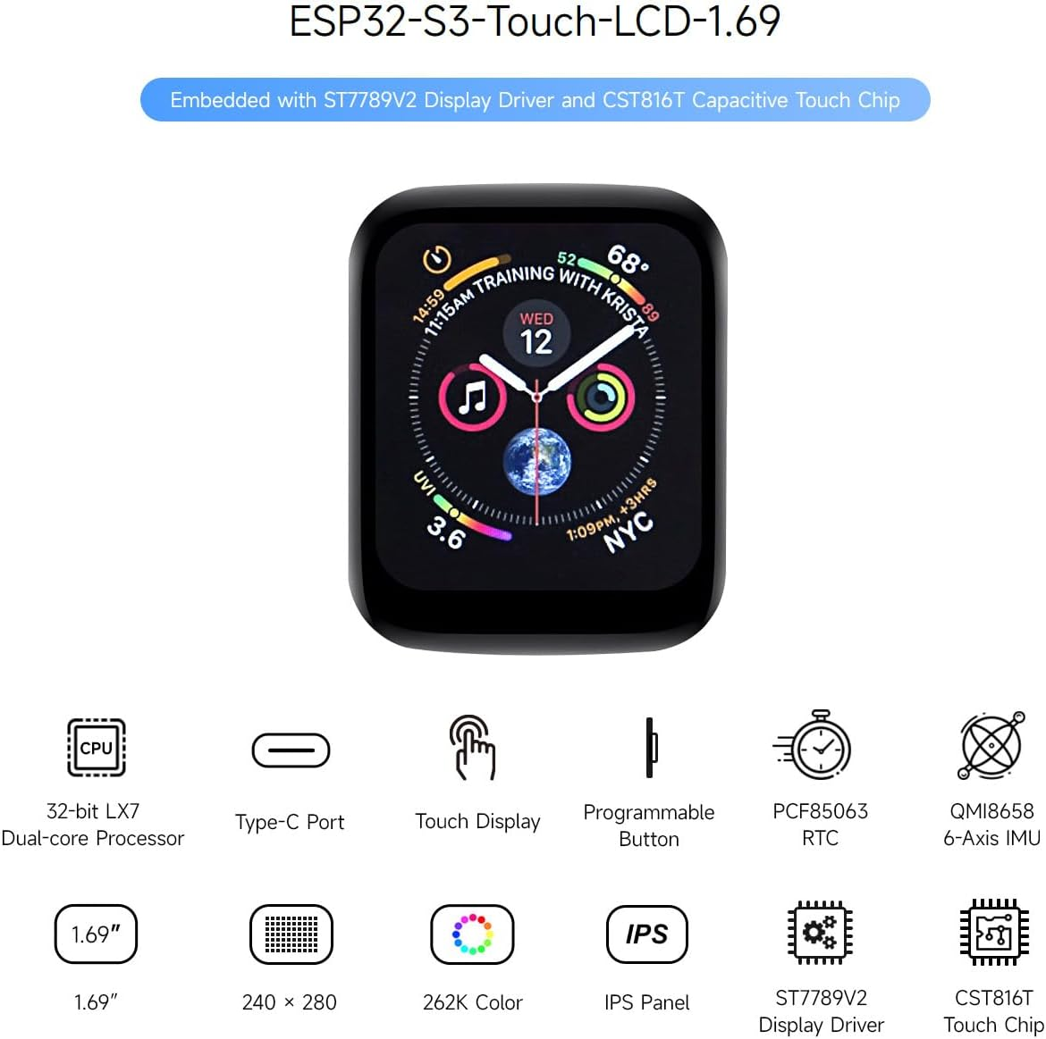 Waveshare ESP32-S3 1.69Inch 262K Color Touch LCD Development Board, 240&times;280 Resolution,Compact Size, Accelerometer and Gyroscope Sensor image number 6