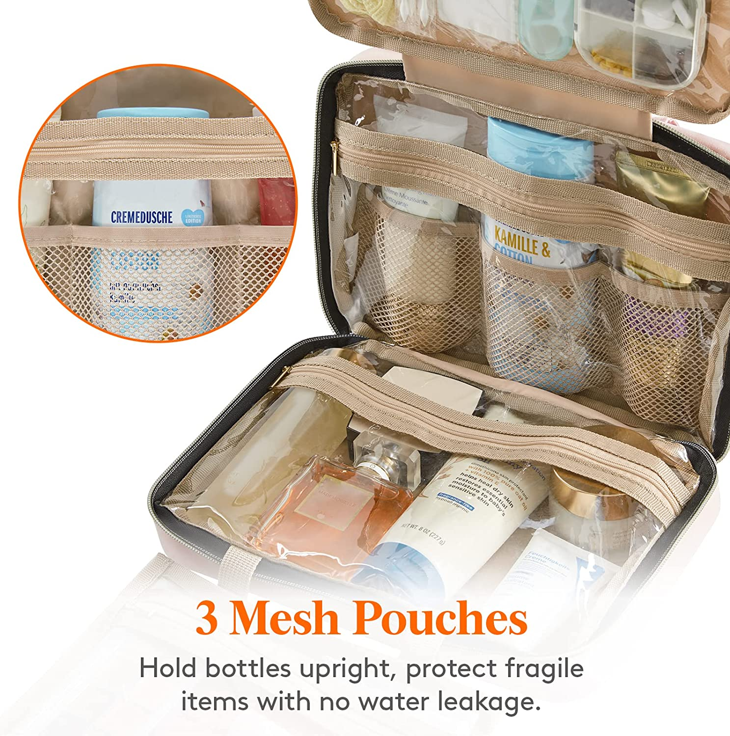 Lifewit Travel Toiletry Bag, Large Hanging Makeup Bag Organiser for Women, Transparent Travel Cosmetic Bag with Hanging Hook for Full Size Bottles, Vacation Essentials, Medium, Pink image number 1