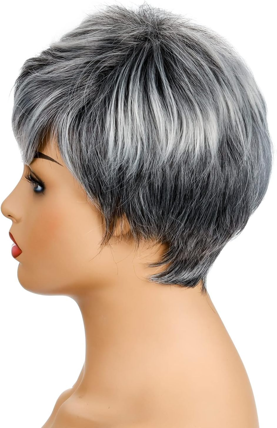 AUBWIG Black Ombre White Short Pixie Cut Wigs Tiered Fluffy with Fringe Natural Straight Heat Resistant Synthetic Short Hair Wigs for Women (Black Ombre White) image number 2