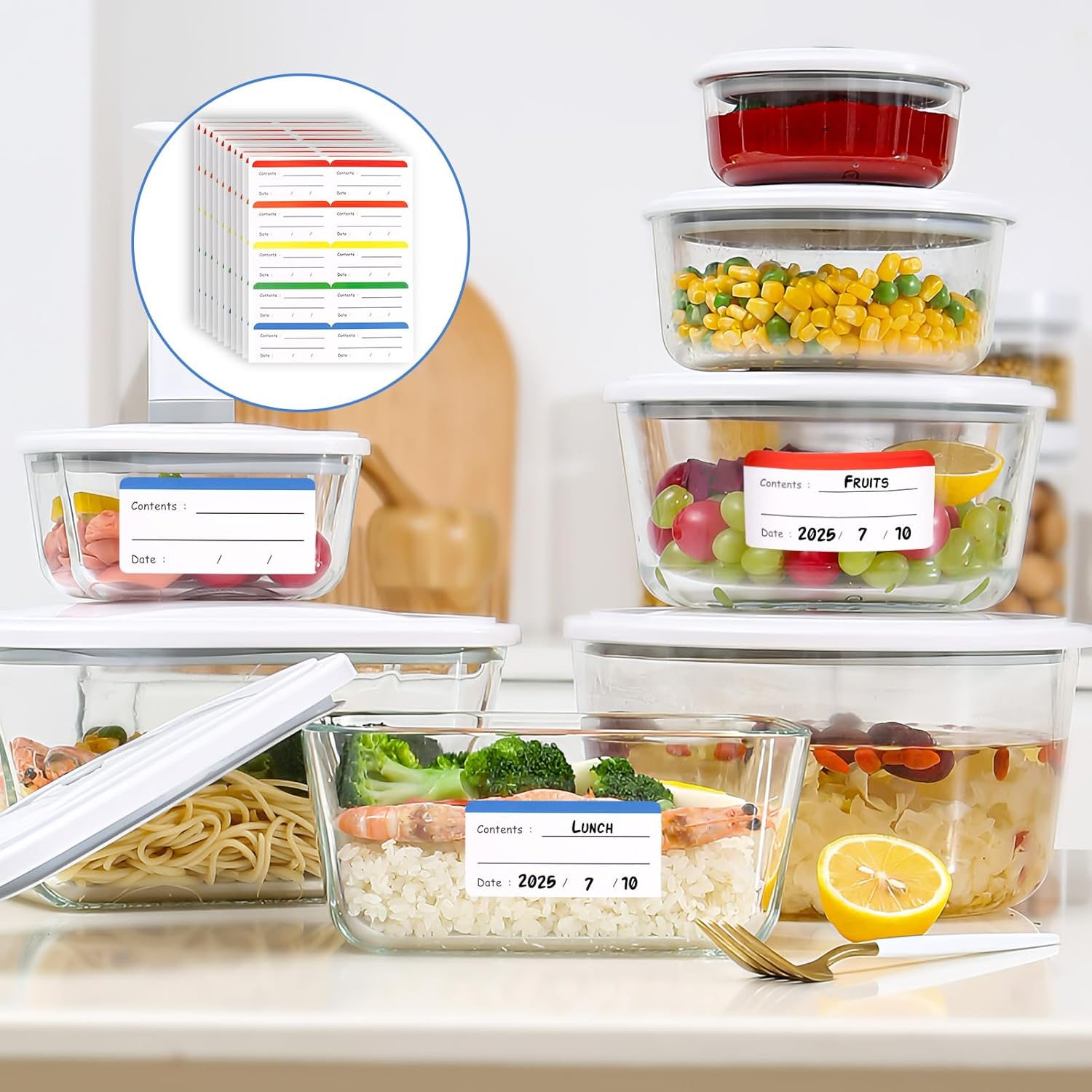 300 Pcs Freezer Pantry Label Stickers, Self-Adhesive Removable Waterproof Food Date Labels for Kitchen Fridge Jars Glass Bottle Containers Organisation, 5 Colors Distinguished All-Purpose image number 6