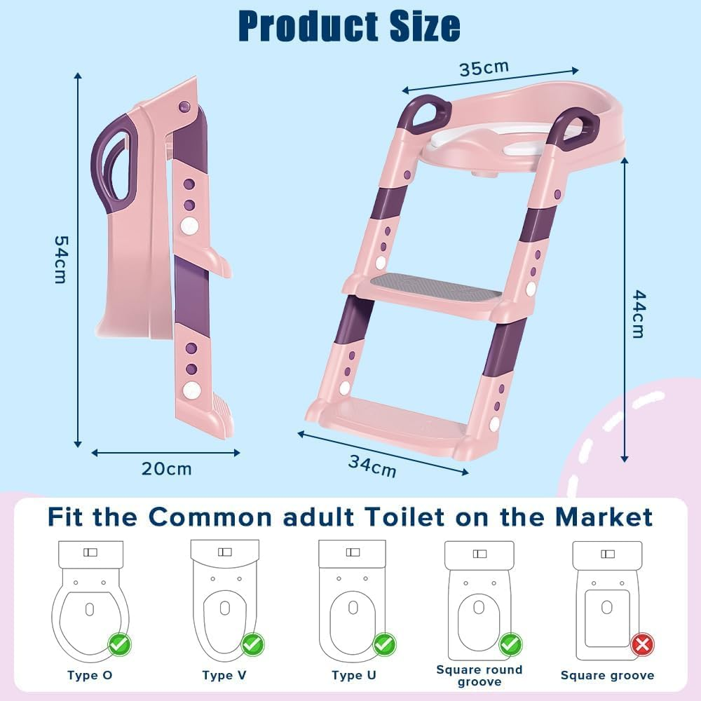 Yakiter Potty Training Seats, Kids Toilet Training Seat with Step Stool, Adjustable Height Ladder Guard Handle Soft Cushion White, Step Stool 2 in 1 Foldable Chair for Baby Toddler Boys Girls (Pink) image number 5