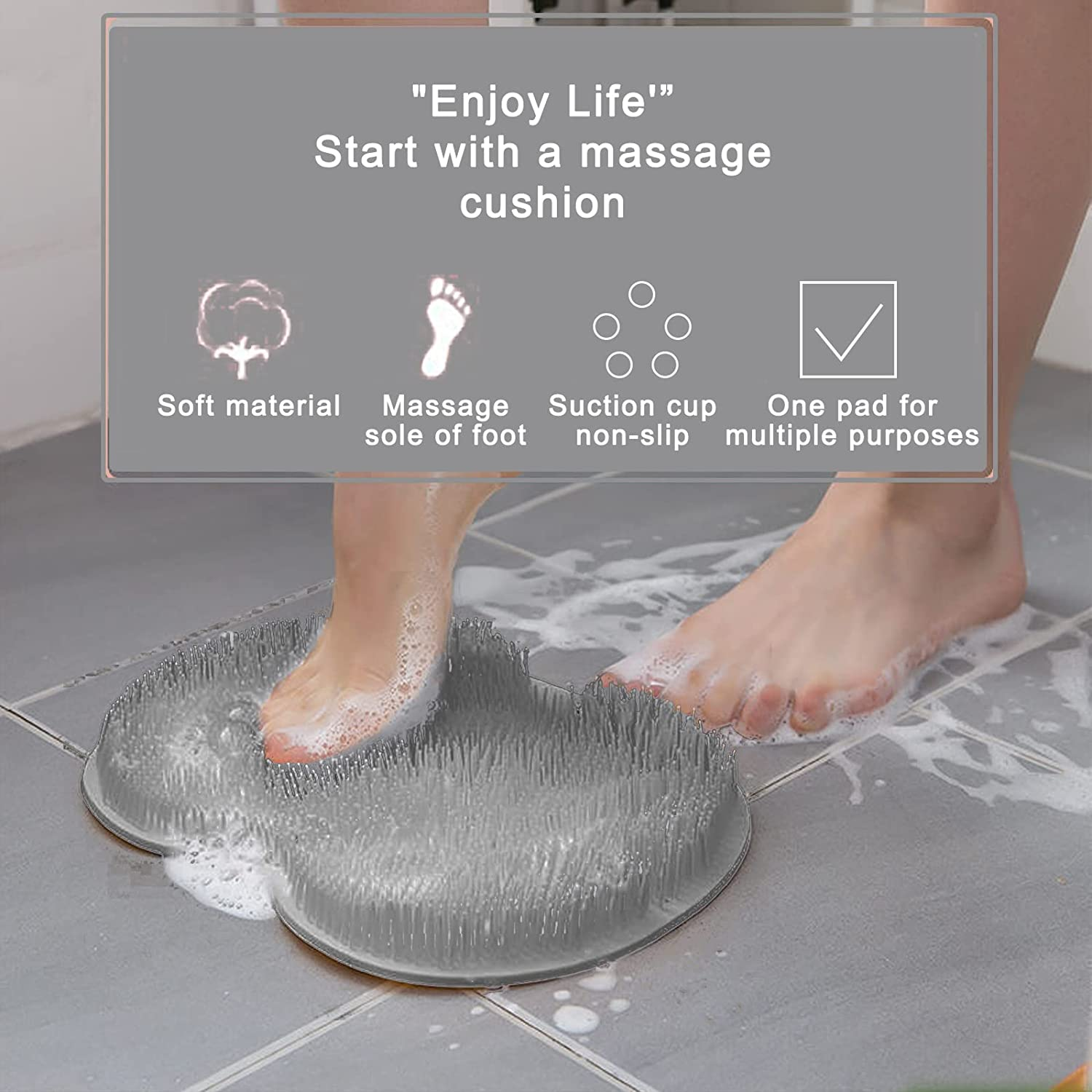 Back/Feet Scrubber for Shower,Silicone Shower Brush with Suction Cup for Cleaning & Exfoliating Skin,Floating Body Long Bristles for Wet or Dry Brushing,Cleans the Body Easily,30&times;25Cm (Gray) image number 5