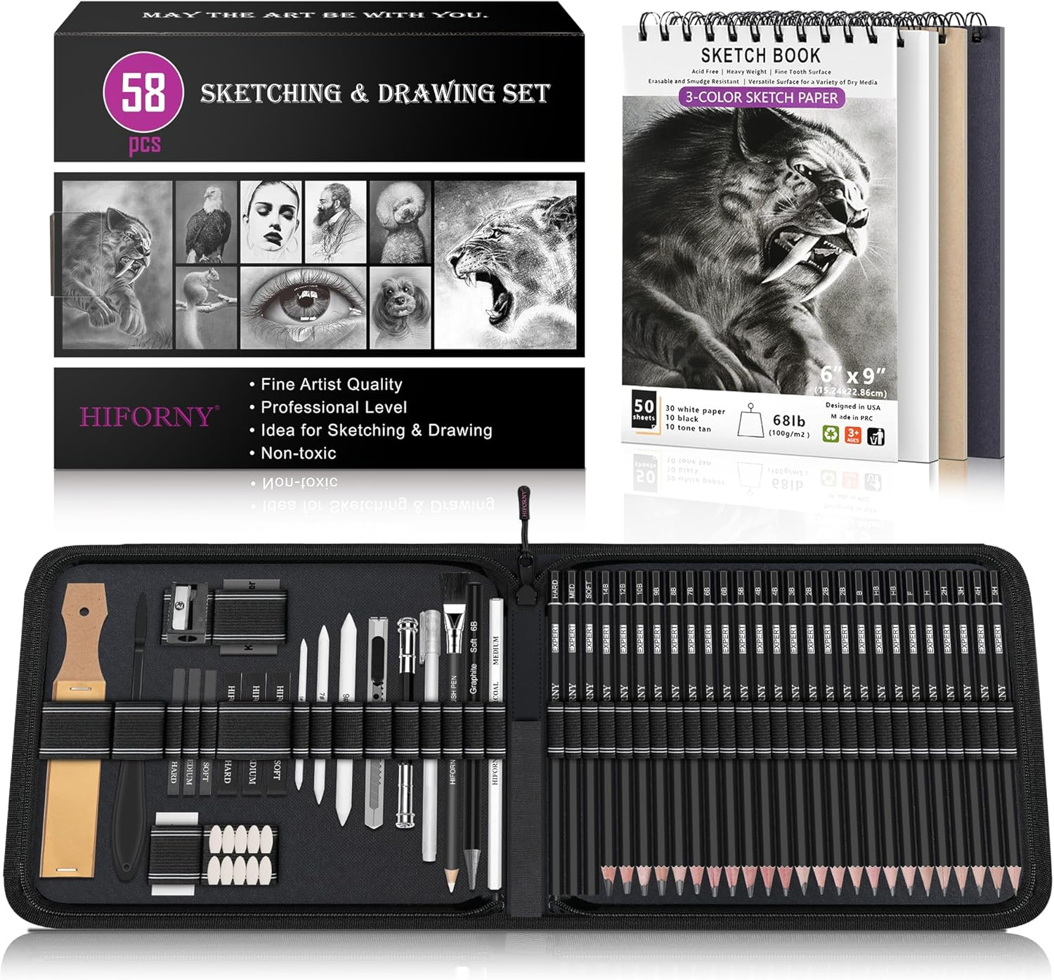 58 PCS Drawing Kit Sketching Pencil Set,Sketch Pencils Art Supplies with 3-Color Sketchbook,Graphite,Charcoal,Blending Tools,Drawing Pencils for Adults Artists